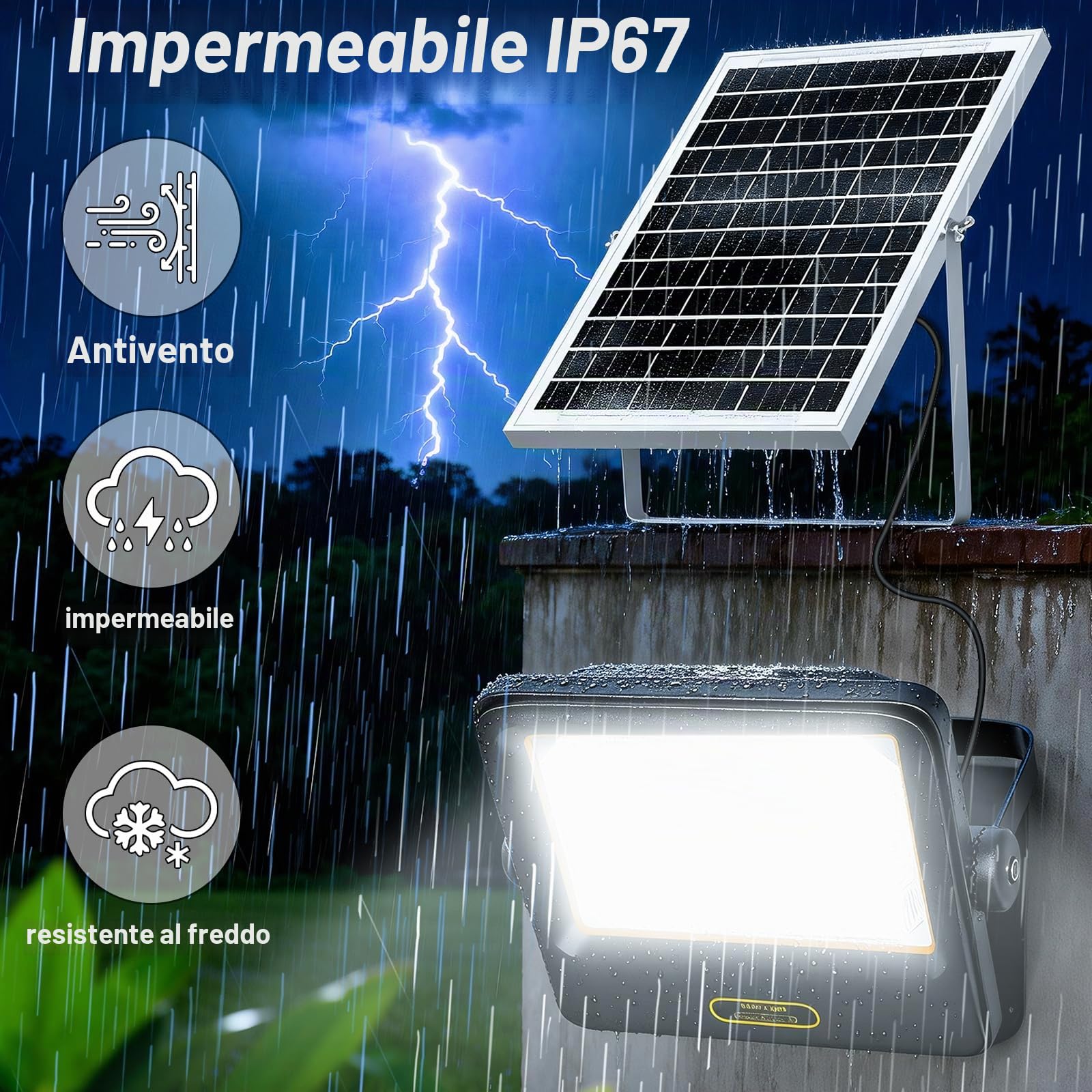 Eleganted Faro Led Esterno con Pannello Solare, 3400LM Fari Solari a Led da Esterno IP67 Impermeabile Lampione Solare, SMD Ultra Faretto led per Giardino