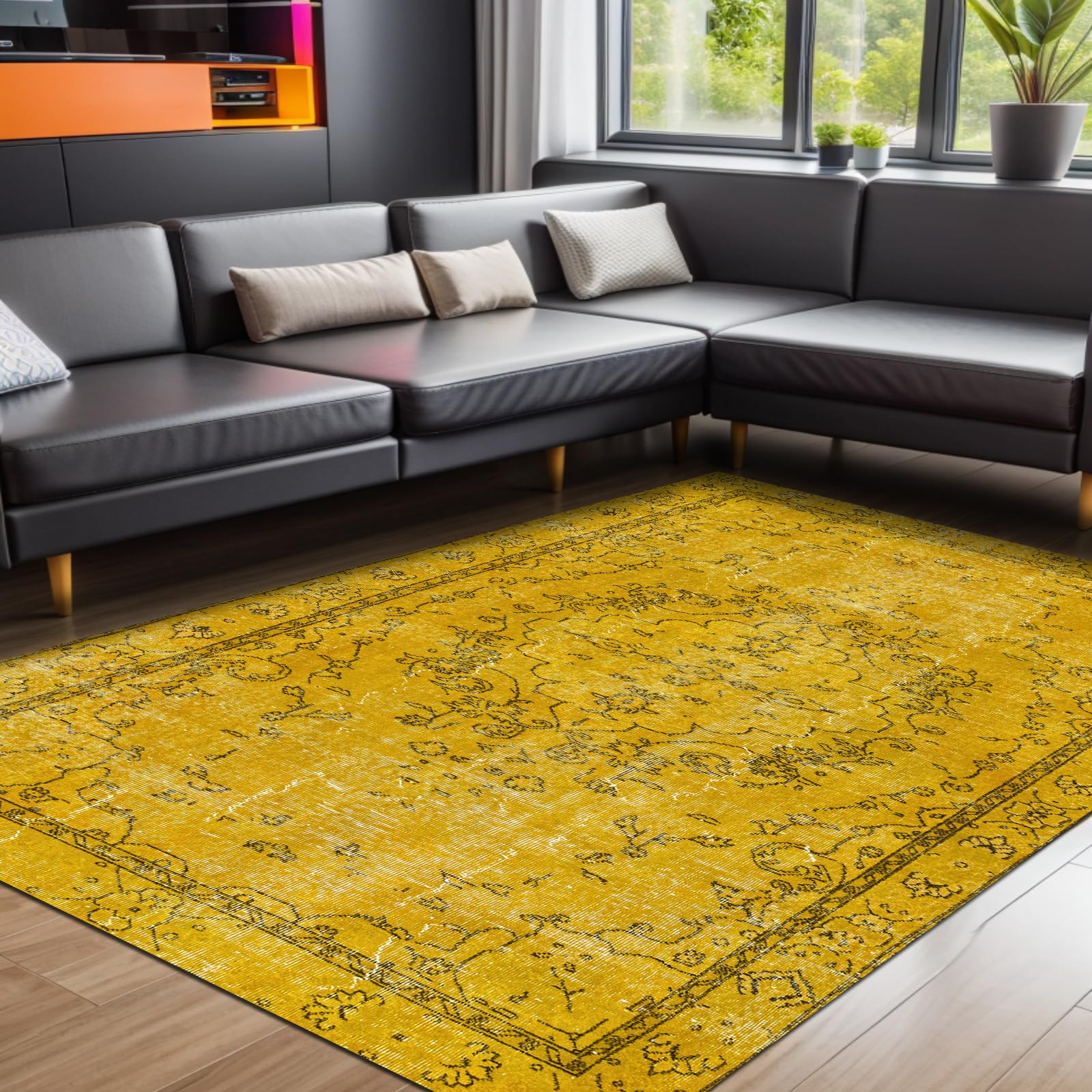 bamyum Giallo Alfombra Impresa Chenilla Estampada a Máquina 120 x 180 cm, Alfombra Lavable Salón, Alfombra Amarillo Vintage Dormitorio, Antibacteriana Antideslizante Base Alfombra Cocina