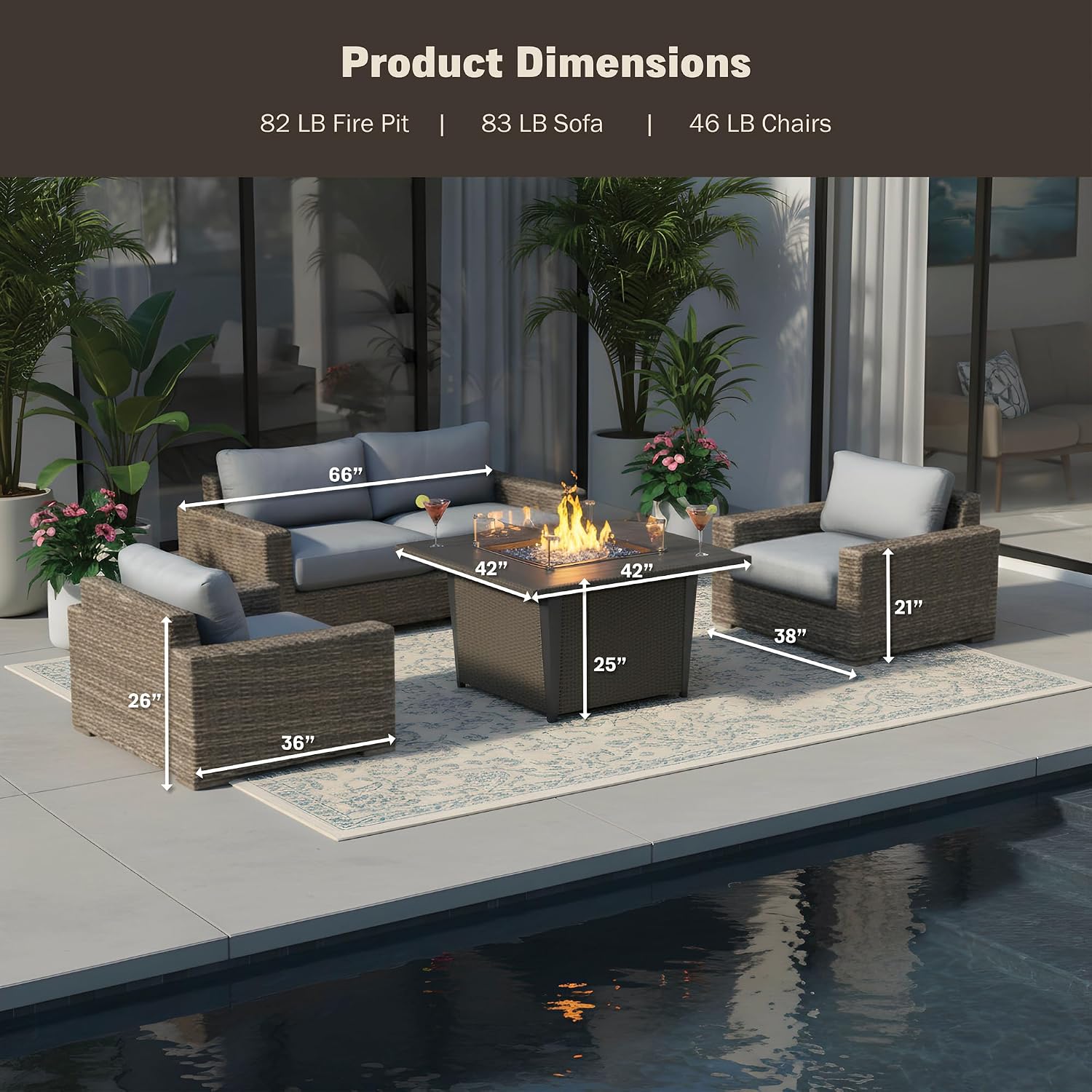 Kinger Home Ethan 4-Piece Outdoor Patio Furniture Set with 42-Inch Fire Pit, Outdoor Loveseat and Stationary Chairs, Rattan Wicker, Aluminum Frame, Includes Fire Glass & Wind Guard