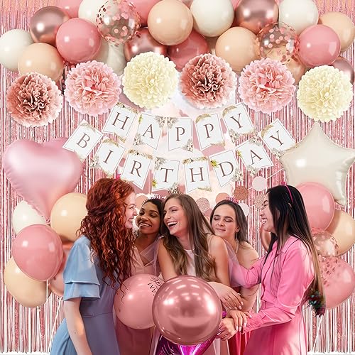 Miniatura 4 de Decoraciones de cumpleaños rosas para mujer, globos de látex bohemios, rosa polvoriento, oro rosa, rubor, beige, pancarta de feliz cumpleaños,