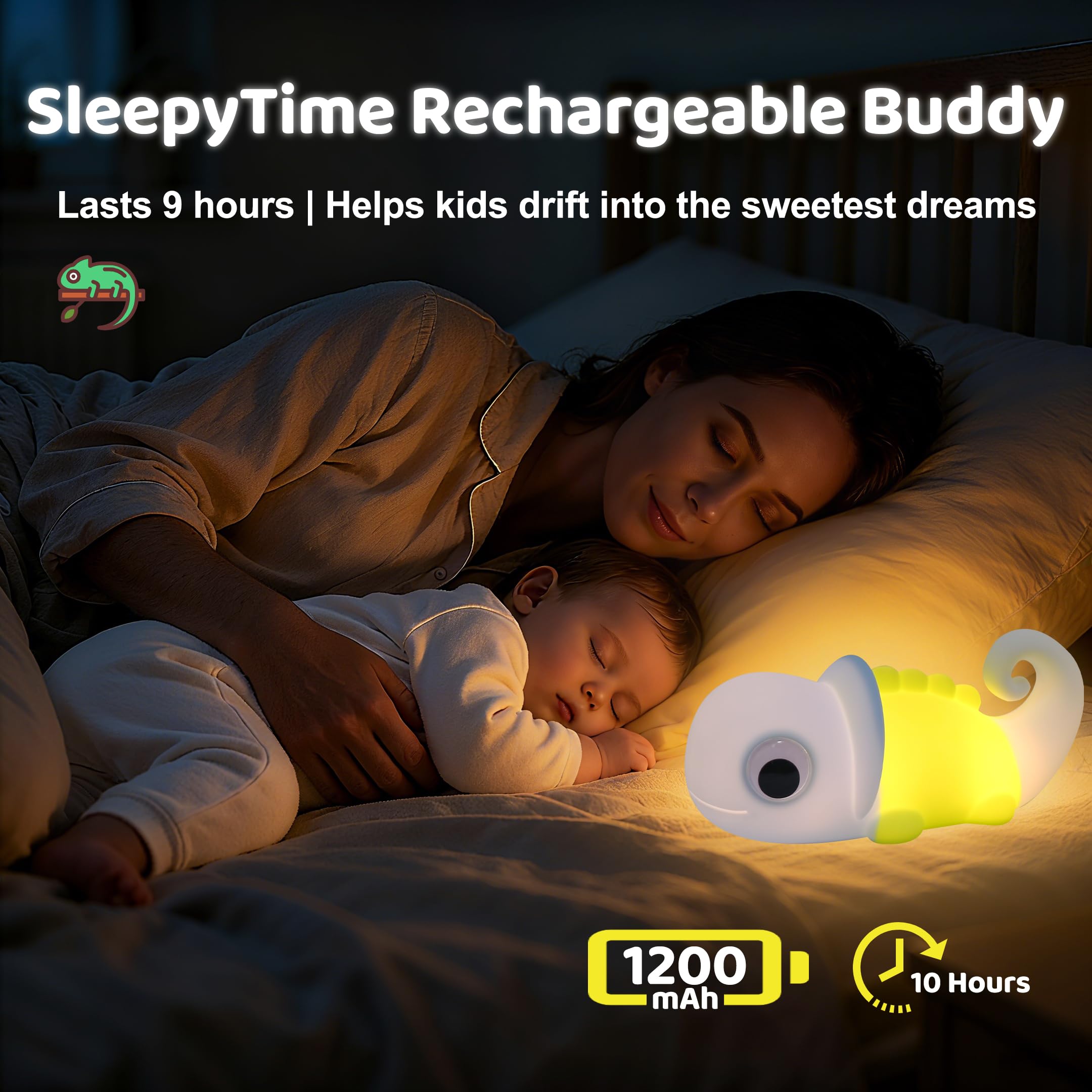 Linda luz nocturna camaleón para niños, luz nocturna esponjosa regulable de 3 niveles, temporizador de apagado automático de 30 minutos con luz de color, lámpara de silicona recargable para