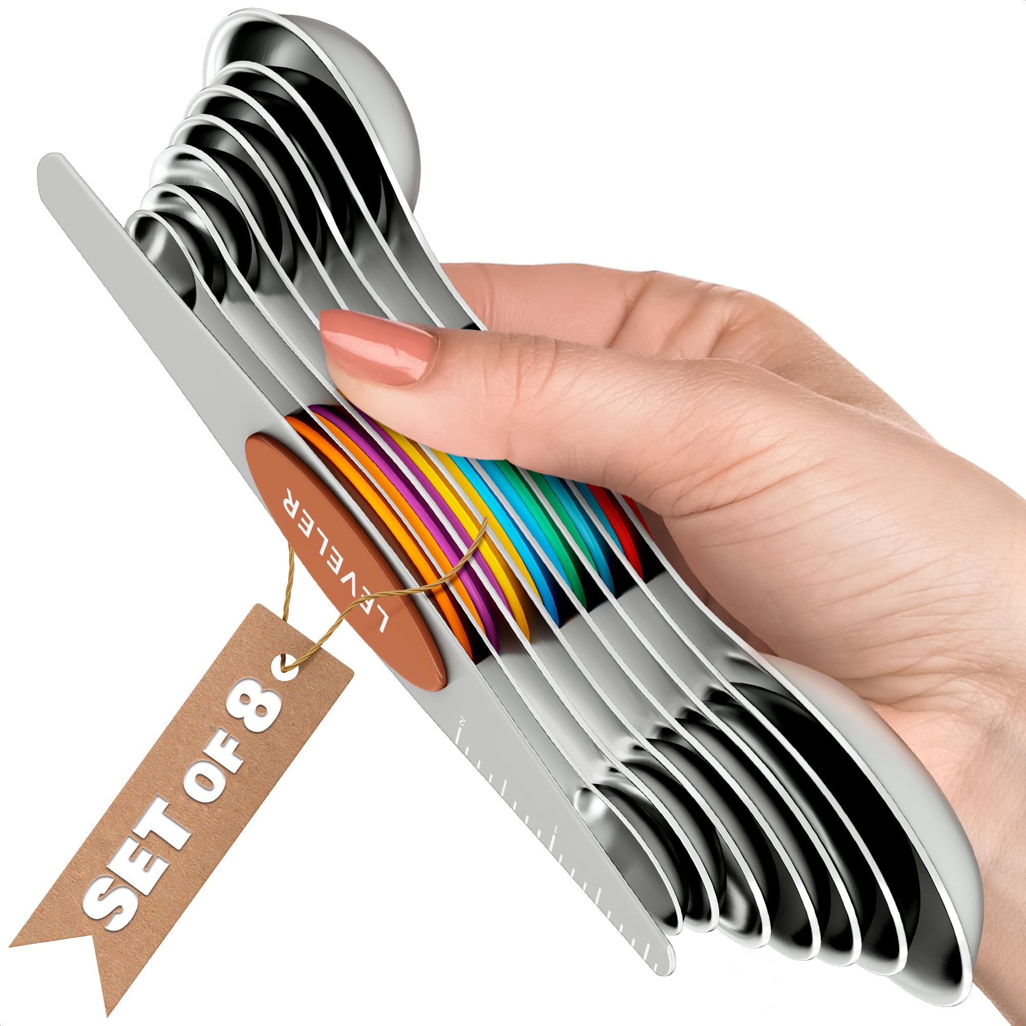 8 Pcs Magnetic Measuring Spoons Set Stainless Steel – Magnet Measuring Spoons 1/8 Tsp–1 Tbsp with Dual-Sided Design – Fits Narrow Spice Jars | Dry & Liquid Ingredients | Kitchen Ladle Gift Ideas