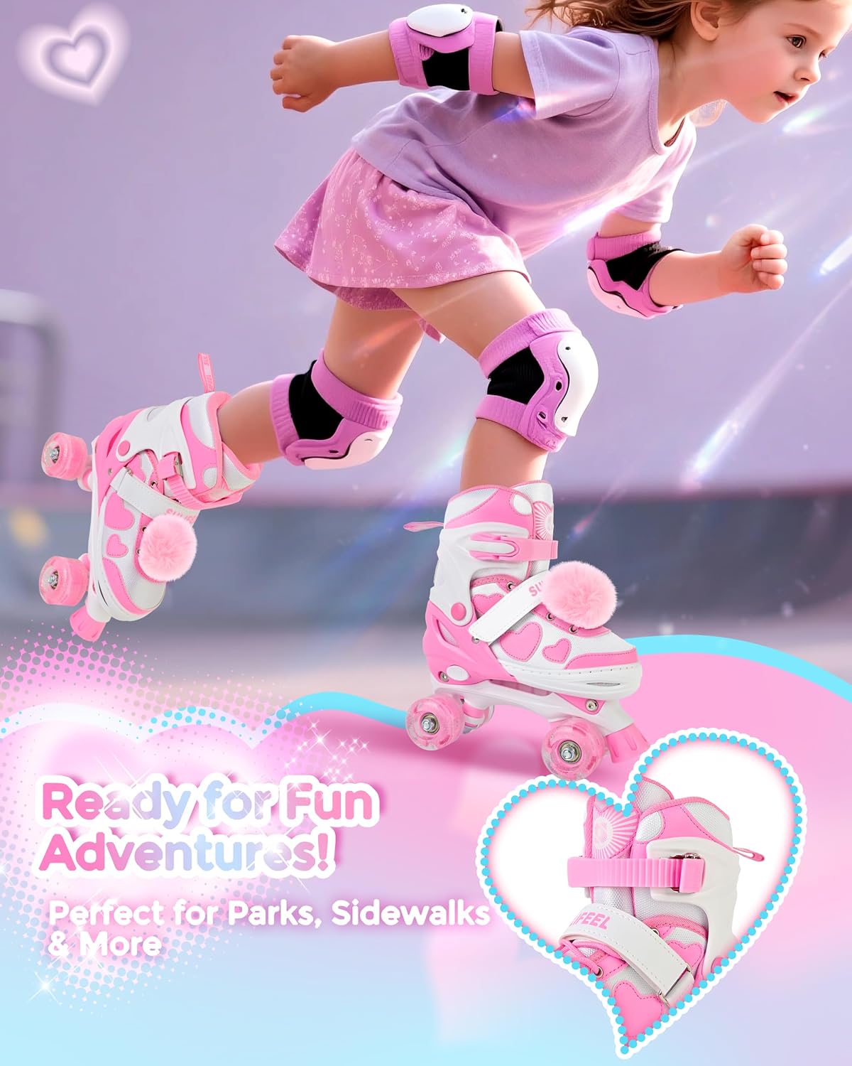 SULIFEEL Love Hearts 4 Size Adjustable Kids Roller Skates for Ages 3-12 Girls with Fluffy Pom-Poms,Light-Up Wheels & Triple Support Grow with Your Children Birthday Gift for Indoor Outdoor Sports