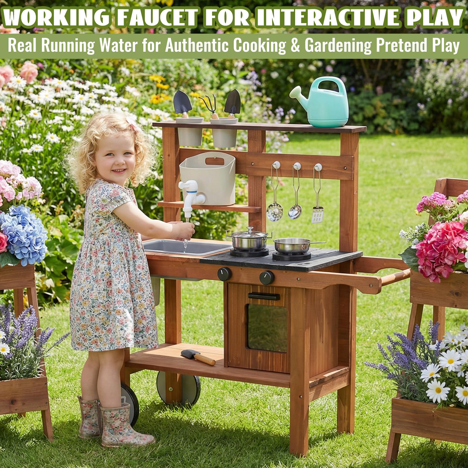 WoodenFun Outdoor Spielküche Gartenspielküche Matschküche Kinder Outdoor Mit Rädern, Wasserkocher, Spüle, Holzpflanzenbehälter, Kinderküche
