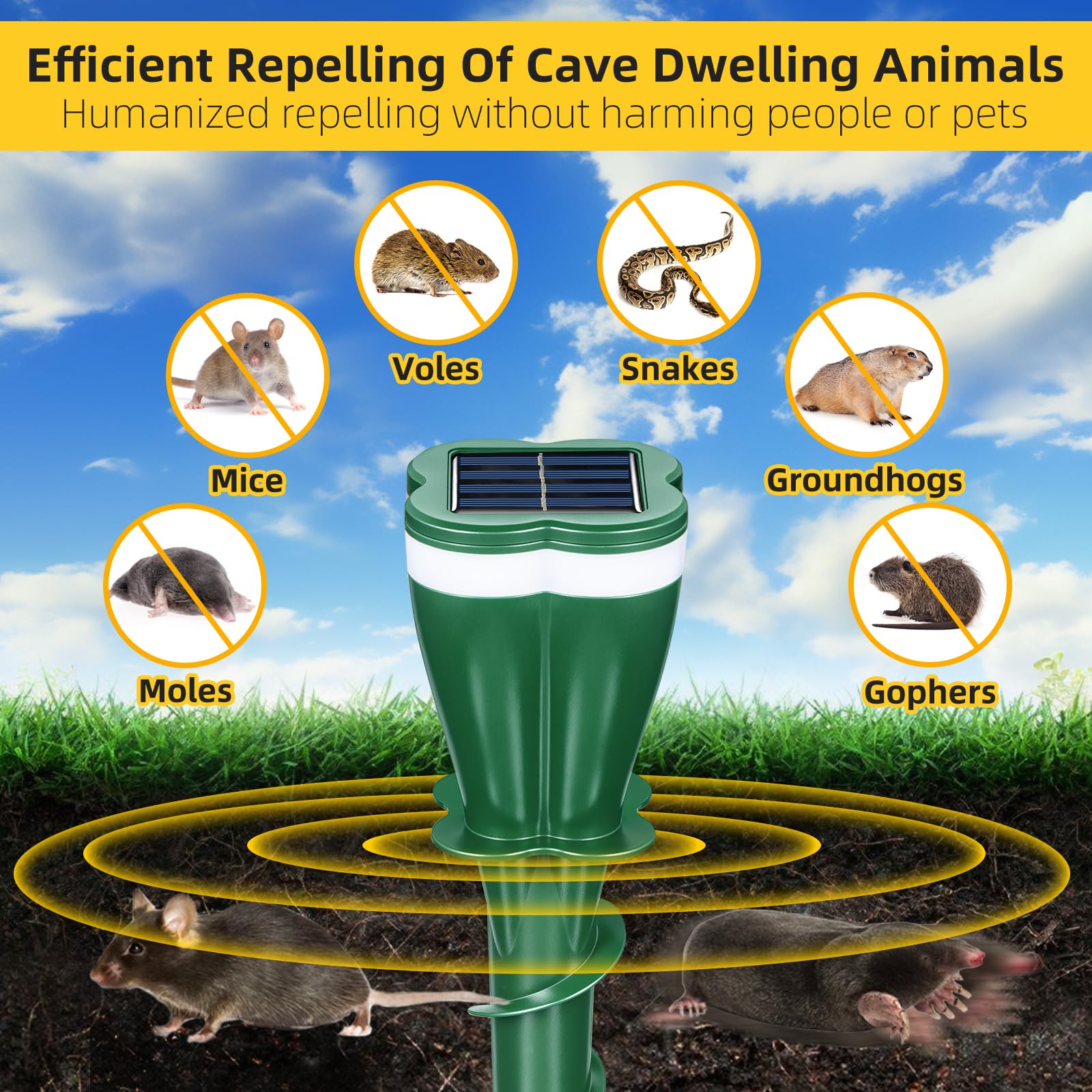 2026 Solar Mole Repeller Maulwurf Vertreiber,4 Stück Maulwurfvertreiber Wühlmaus Vertreiben,Wetterfest, Solar Maulwurfschreck Ultraschall Tiervertreiber für Garten, Hof, Bauernhof,Tierfreundlich