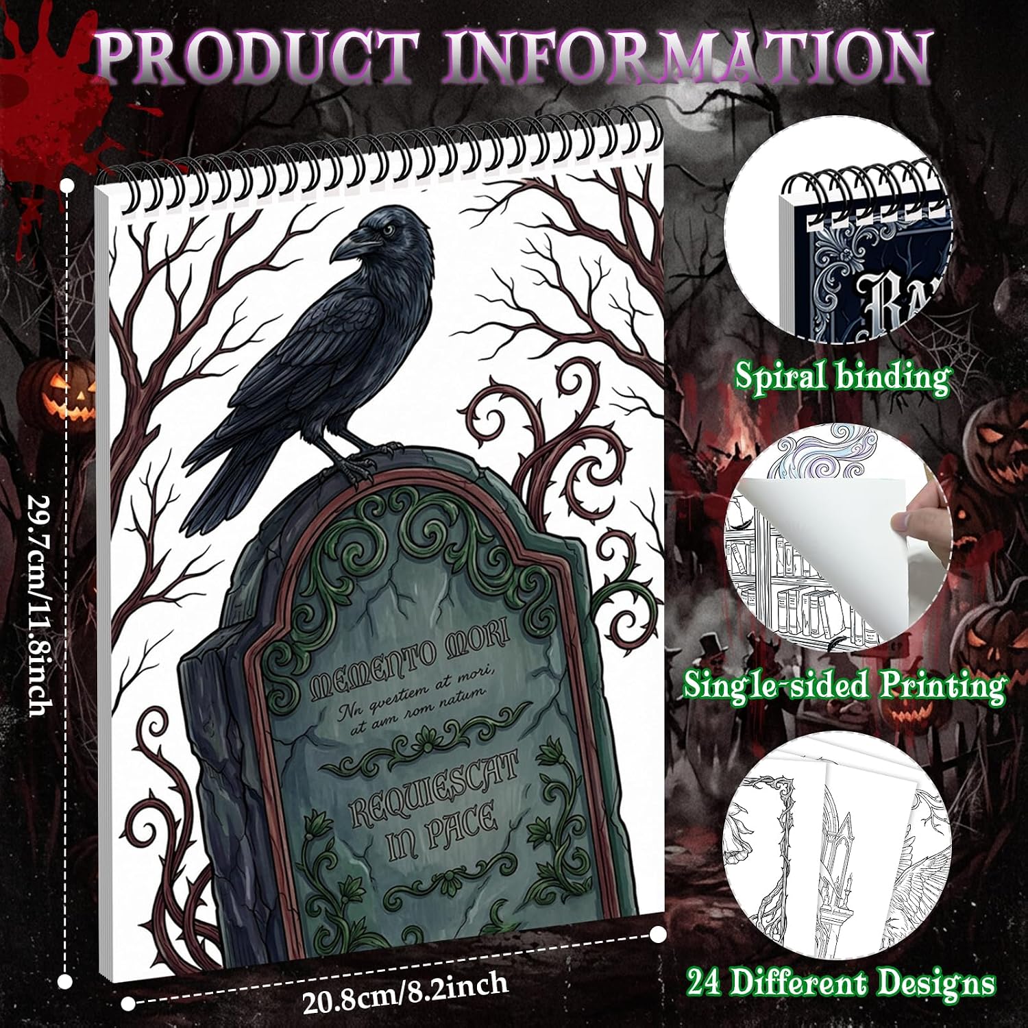 Ravens At Midnight Gothic Coloring Book,Spooky Gothic Themed 24 Designs