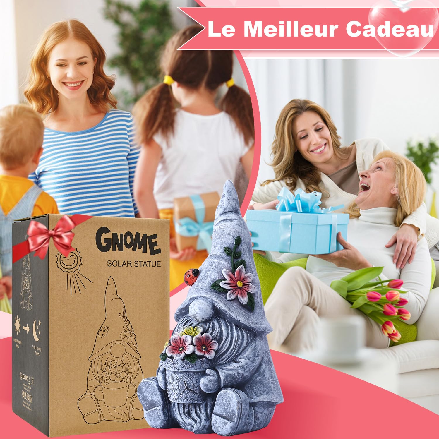 Yeomoo Nains de jardin Figurines solaires pour décoration de jardin extérieure : drôle nain de jardin avec fleurs lampes solaires décoratives cadeaux pour femmes hommes maman cadeau d'anniversaire