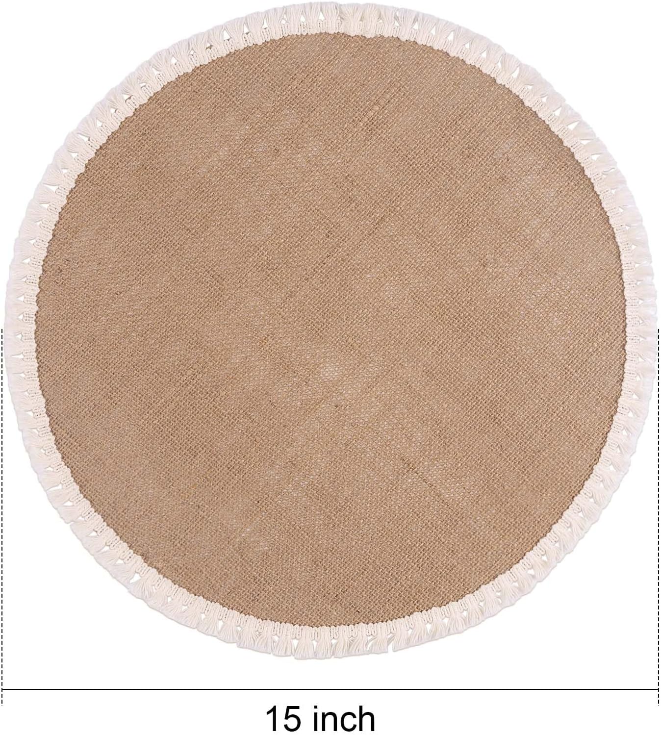 FunWheat 15 Inch Round Jute Placemats Set of 12, Braided Burlap Table Mats for Dining Table, Heat Resistant Farmhouse Woven Placemats for Fall Farmhouse Decor (Short Tassels)