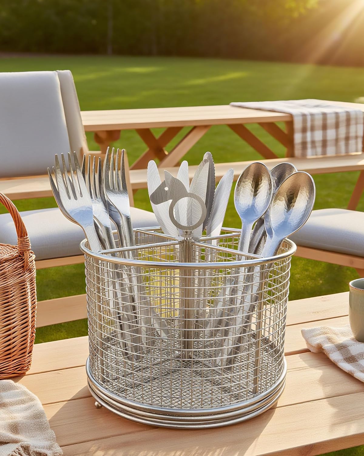 360° Rotating Utensil Caddy, 304 Stainless Steel 4 Compartment Utensil Holder Kitchen Countertop Silverware Flatware Organizer, Cutlery Holder with Pony Handle for Party Buffet Picnic Camping Outdoor