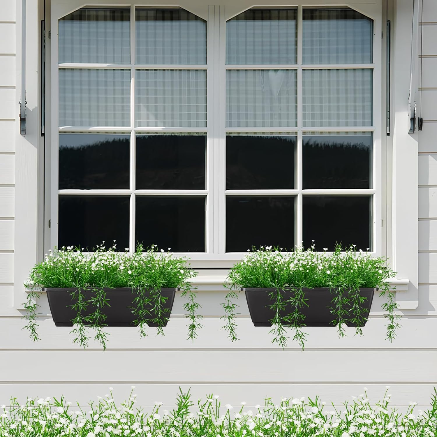 Artificial Baby Breath Fake Plants Indoor for Farmhouse Home Decor, Fake Potted Plants in Plastic Rectangular Pots for Table Centerpiece for Bathroom Office Living Room Shelf Laundry Decor, White