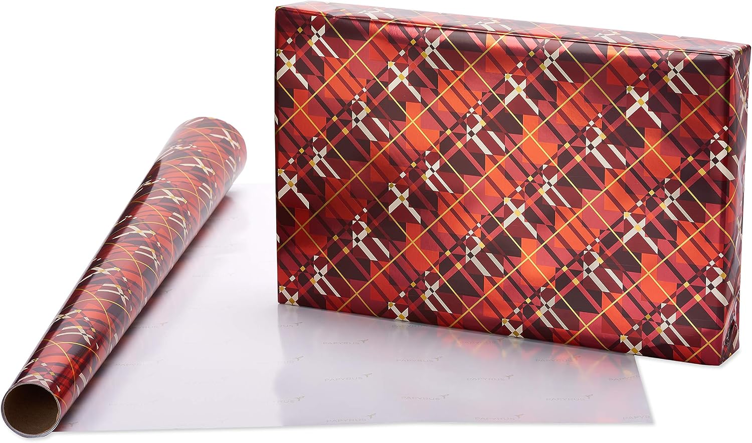Papyrus Holiday Foil Wrapping Paper, Red Argyle, Pine Trees and Doves (2 Pack), 6392753 image 2