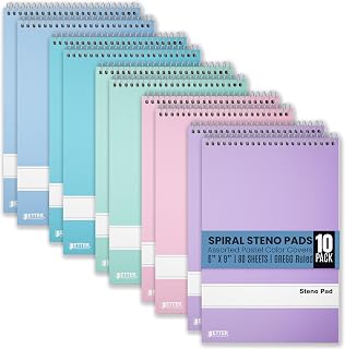 Better Office Products Steno Pads Spiral 6x9, 10 Pack, Gregg Ruled, 80 Sheets, Assorted Pastel Covers, Steno Notebooks Top Spiral for Note Taking