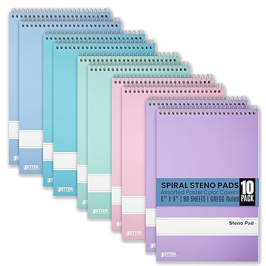 Better Office Products Spiral Steno Pads, 10 Pack, 6 x 9 inches, 80 Sheets, White Paper, Gregg Rule, Assorted Pastel Color Covers, 10 Steno Notebooks