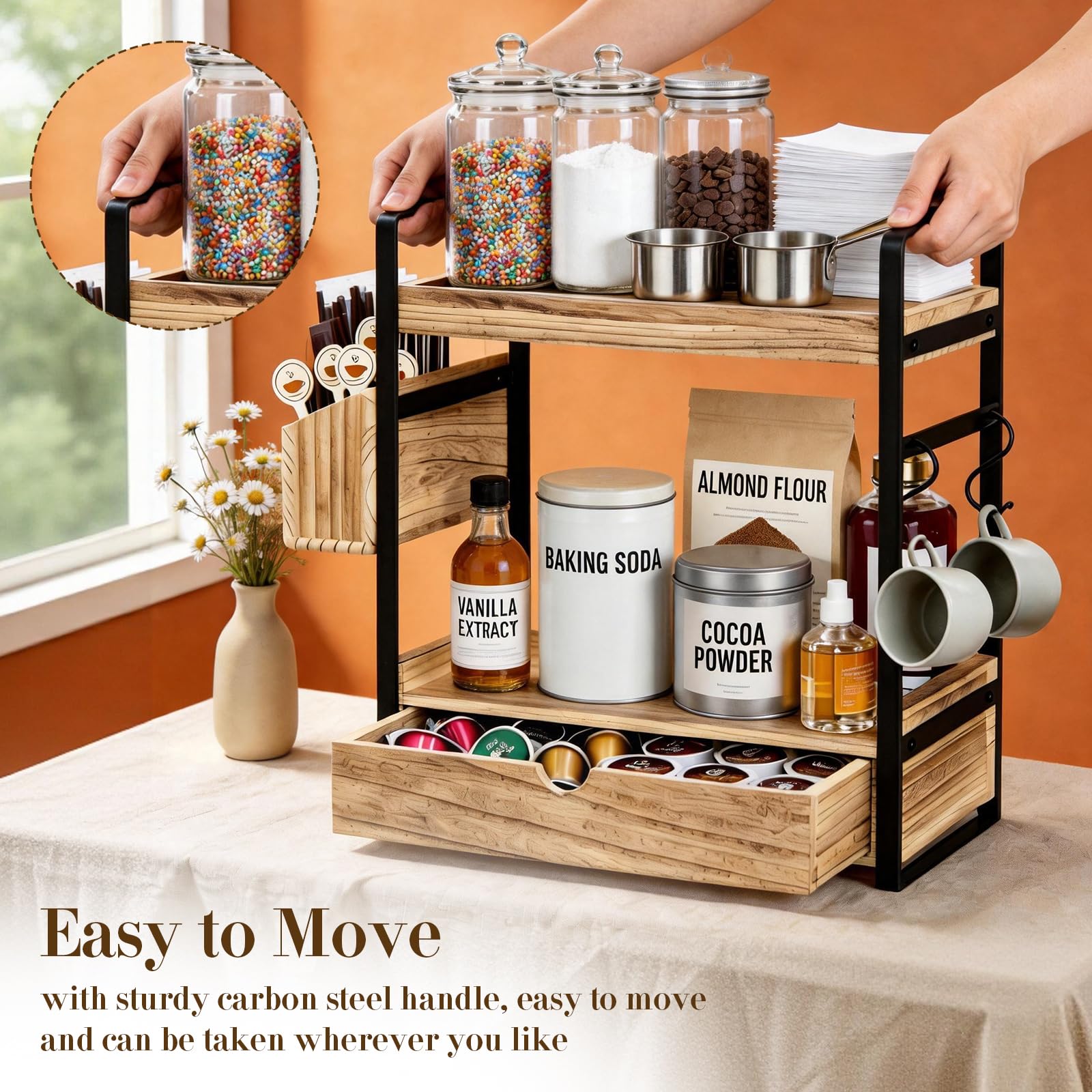 Organizador de estación de café, organizador de barra de café de 3 niveles con cajón de cesta y ganchos para tazas, accesorios de barra de café de madera, organizador de estante de almacenamiento para