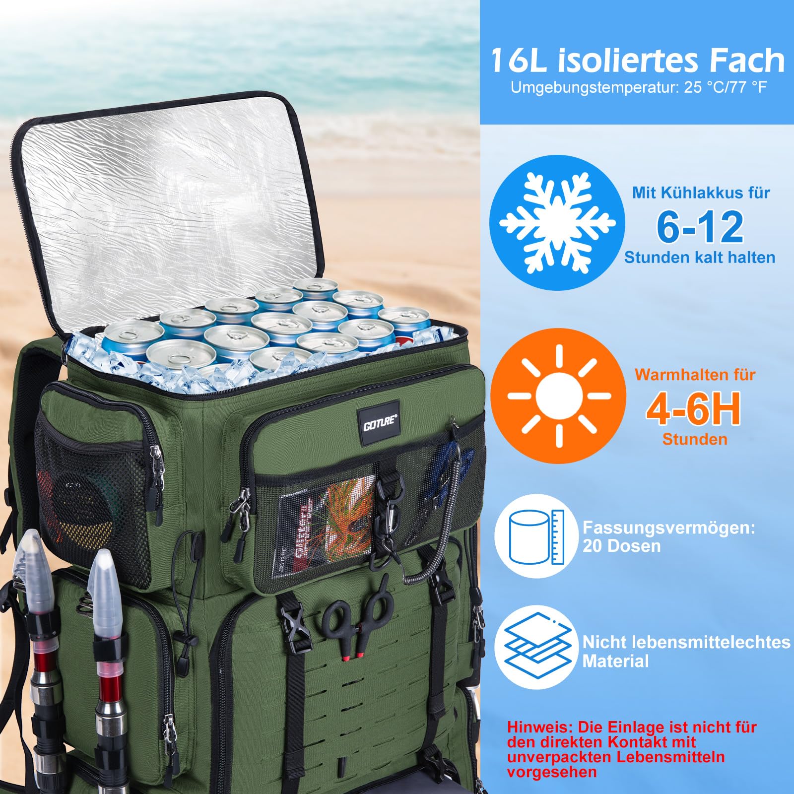 Goture Zaino da pesca da 72 l, con borsa termica (16 l), scomparto asciutto e bagnato, scomparti regolabili, borsa impermeabile per attrezzi da pesca, campeggio, escursionismo, Verde Militar, Zaino