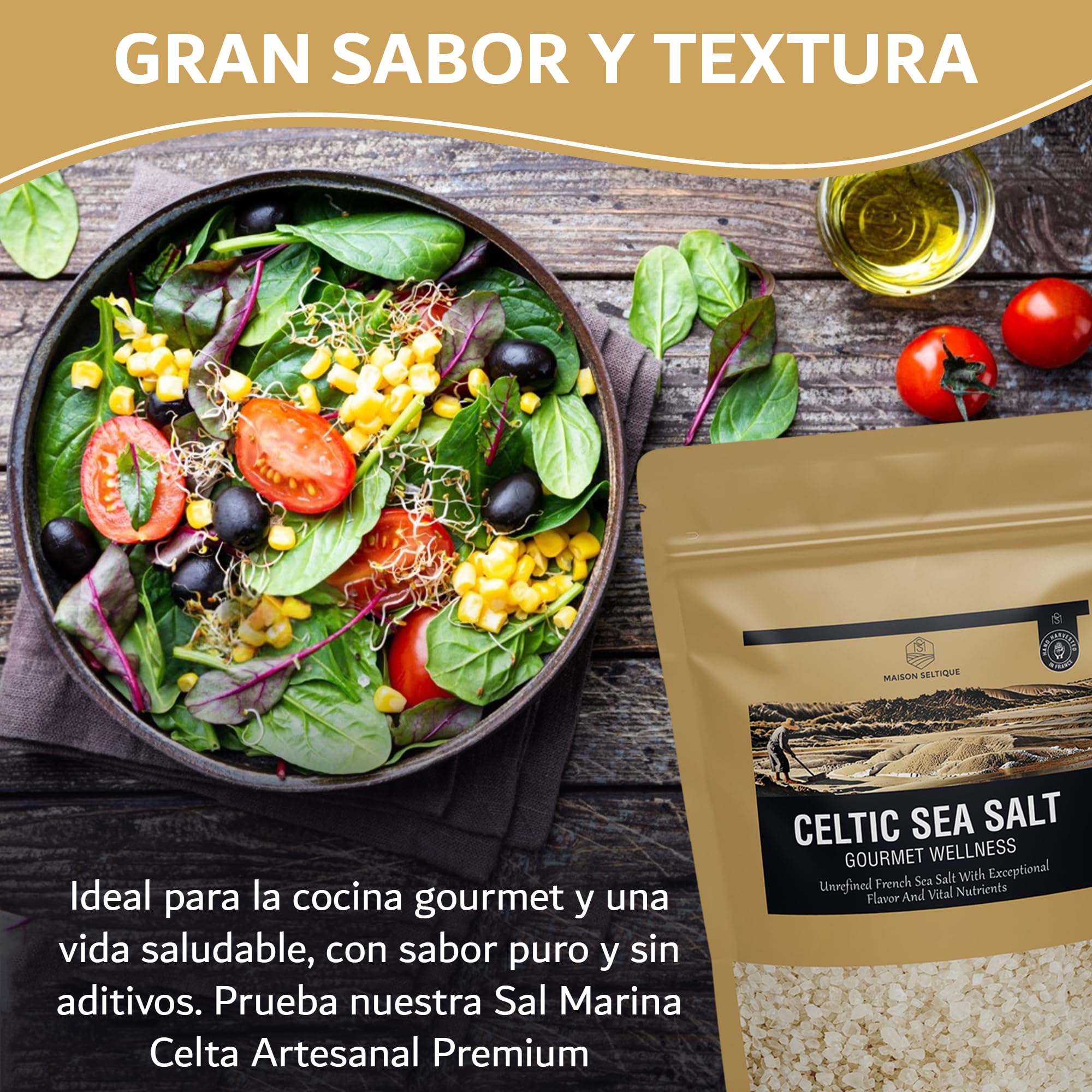 Maison Seltique Celtic Sea Salt, 100% Natural, Sal Celta Cosechada a mano, Artesanal - Pura y Sin Refinar | Sal Marina sin aditivos| Bolsa Resellable | Ideal para Cocina Gourmet y Saludable (500gr)