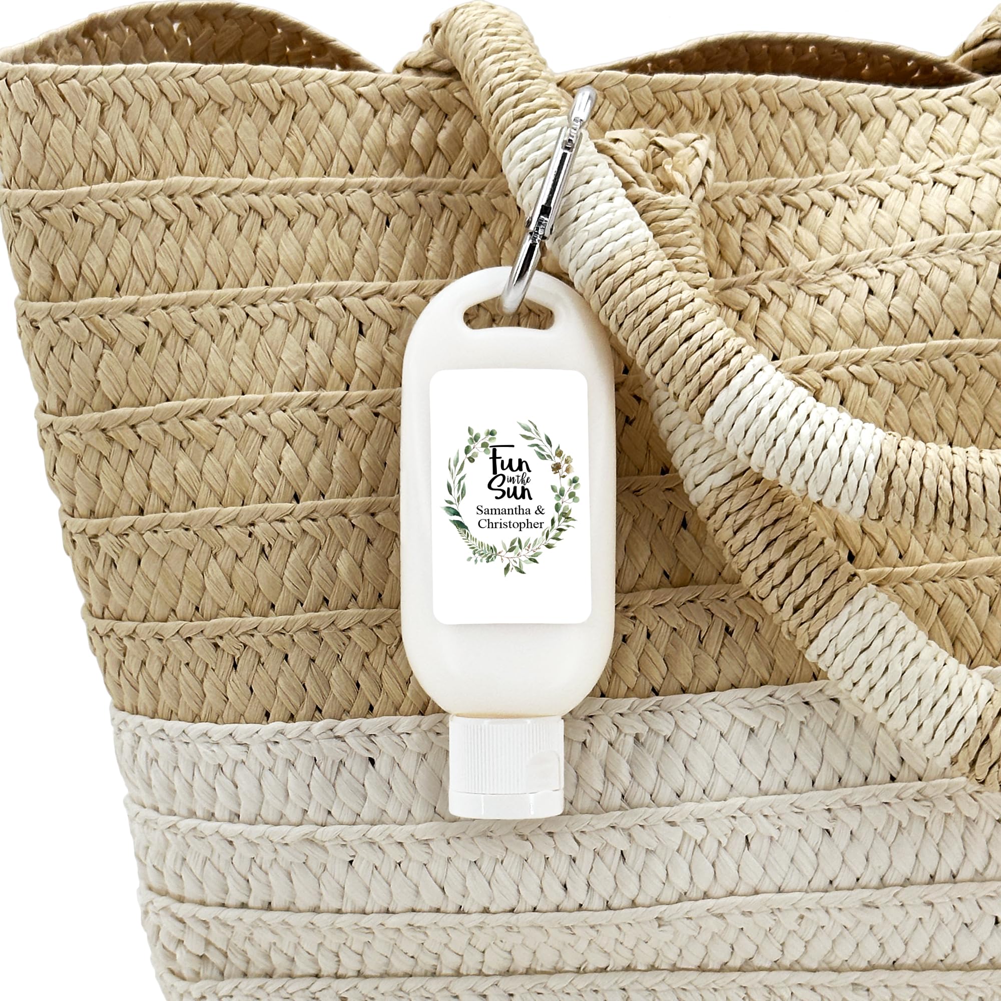 Personalized Sunscreen with Carabiner SPF 30, Custom Sunscreen for Wedding Favors, Garden Wedding, Botanical Wedding, Bridal Shower Favors, Bachelorette Gift (Set of 12)