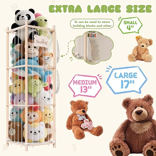 Miniatura 4 de Almacenamiento y organizador de animales de peluche, soporte de madera de 54 pulgadas de alto para juguetes de zoológico con bolsa de almacenamiento