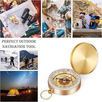 Compass for Navigation,Vintage Brass Pocket Waterproof Compass with Luminous Function,Pure Copper Shell for Outdoor Camping Hiking Sports(Gold)