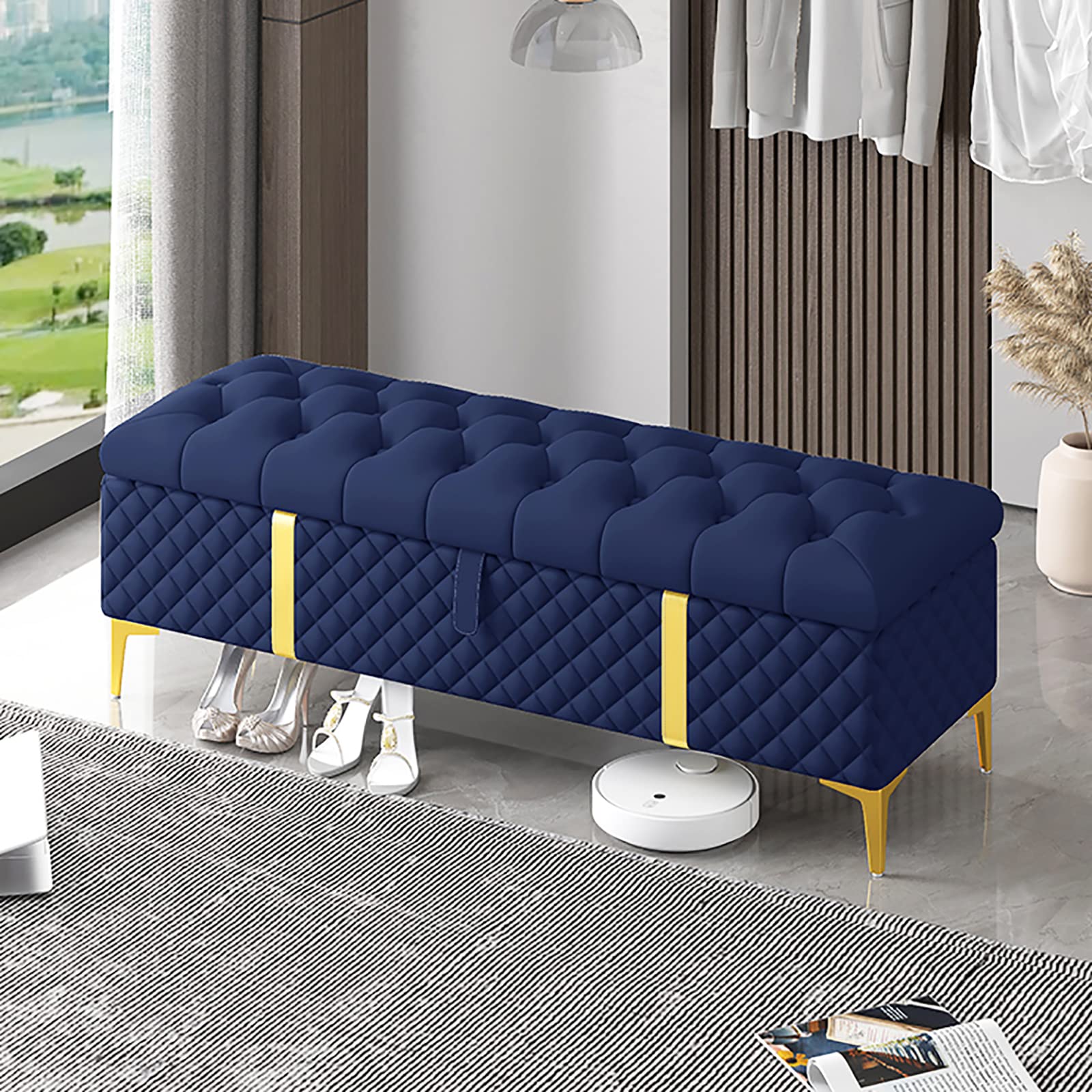 Banc rembourré en cuir avec rangement bleu moderne de chambre