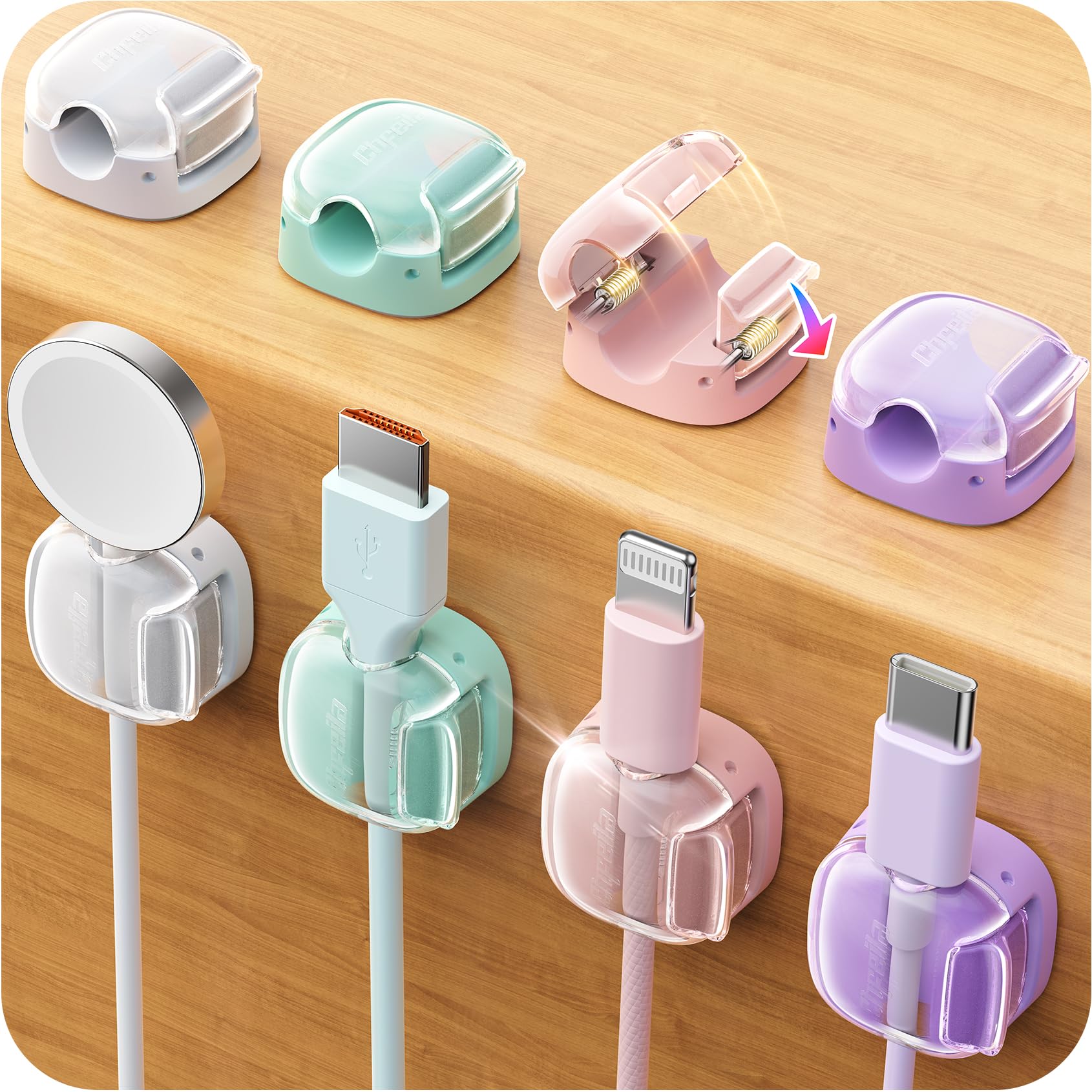 Cable Clips 8 Pack Cord Holder Cord Organizer 1s Lock Strongest Adhesive Spring Cord Clips Phone Charger Wire