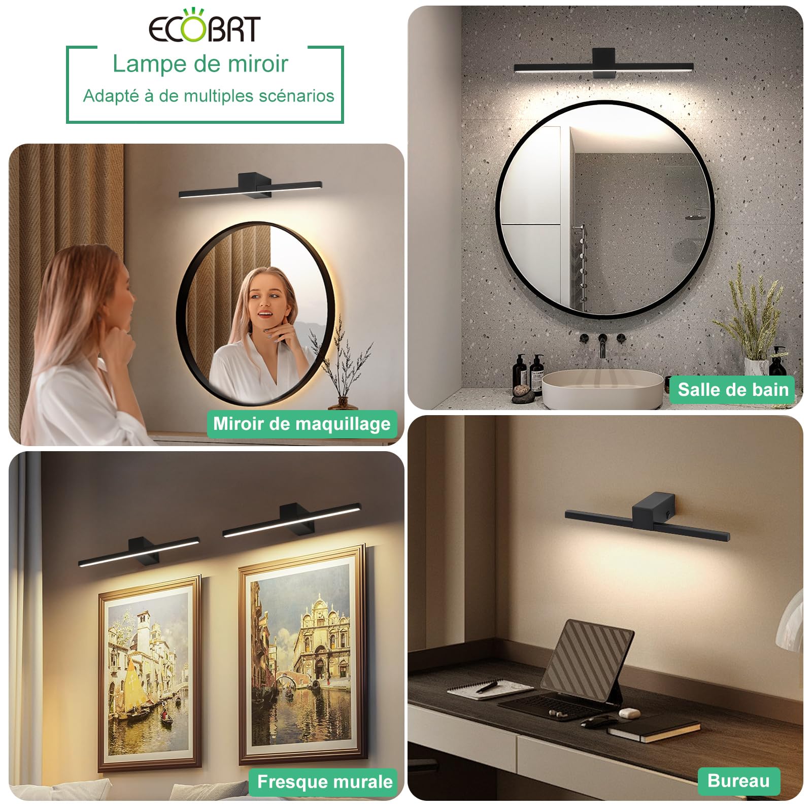 LED Lampes Miroir Salle de Bain 40CM 960LM 12W, Neutre 4000K Applique Murale, Lumière Miroir Moderne IP20 Étanche (Noir)