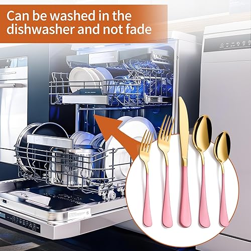 Miniatura 6 de Juego de 20 cubiertos dorados y rosas 180 para 4, incluye cuchillo de cena, tenedores de cena, cucharas de cena, tenedores de ensalada,