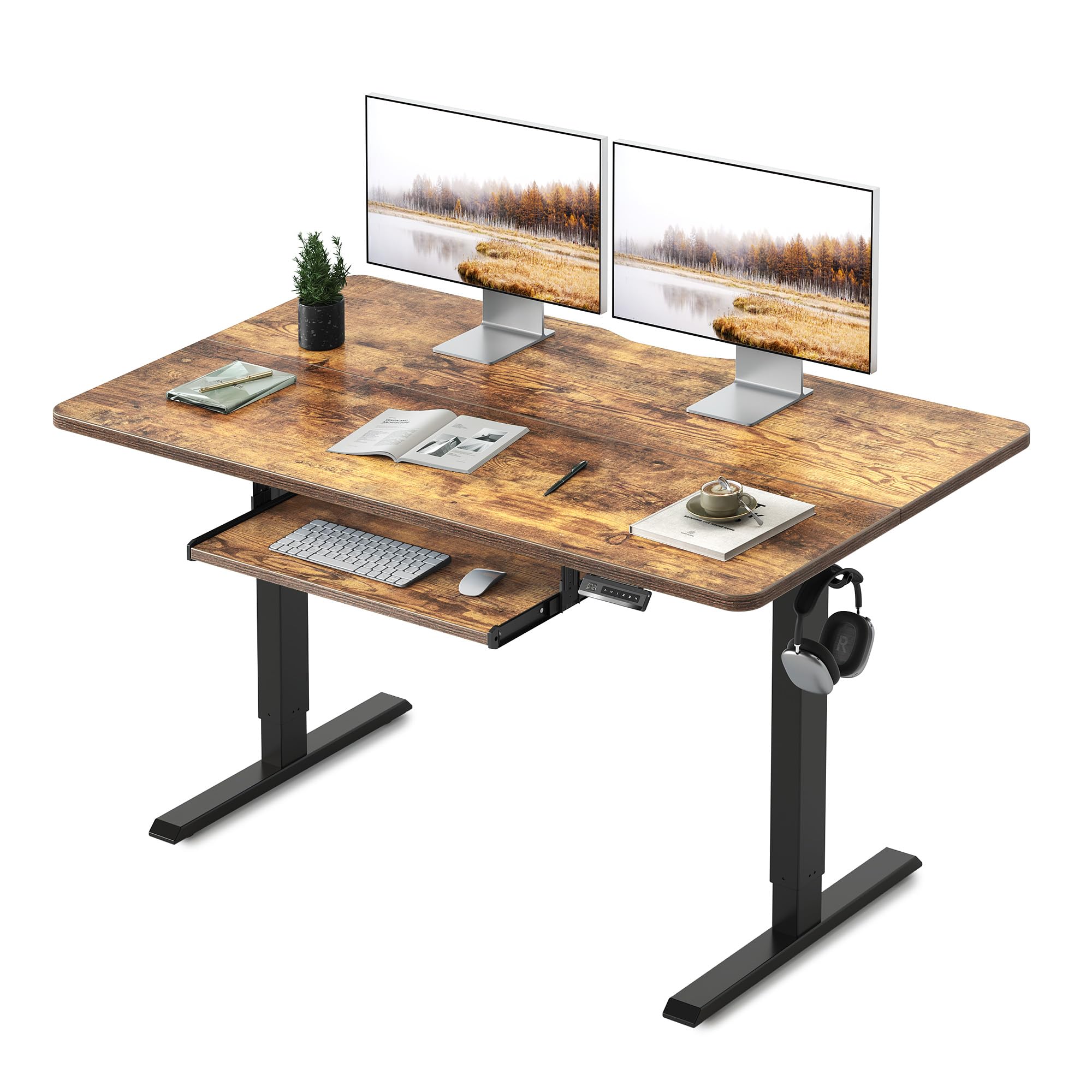 FEZIBO Standing Desk with Keyboard Tray 55 x 24 Inch, Height Adjustable Desk with 4 Memory Buttons, Electric Sit Stand Desk, Home Office Table with Splice Board, Vintage Brown