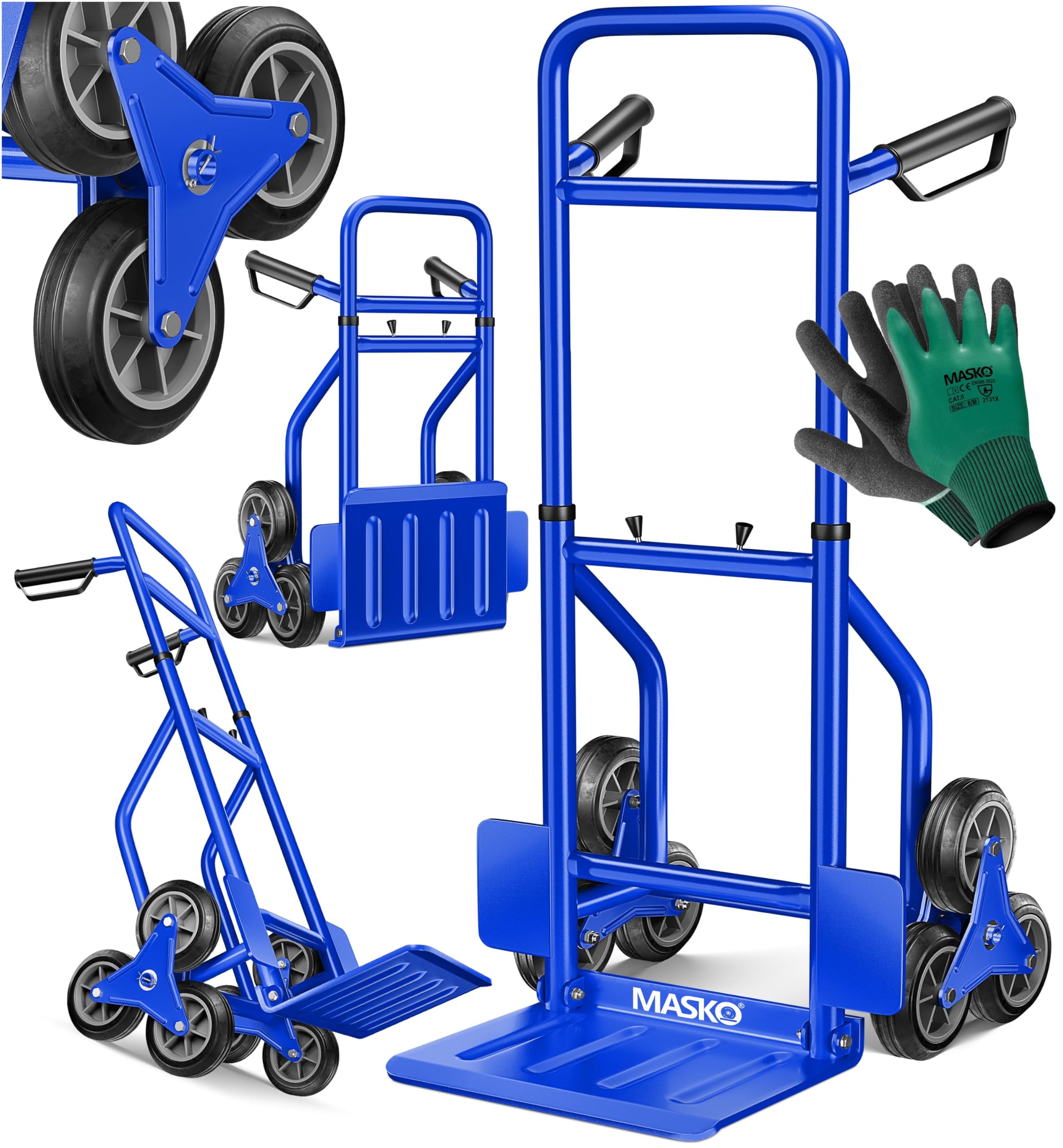 MASKO® Carretilla para escaleras, 200 kg, apilable, plegable, ruedas de goma dura, asas de plástico, marco de acero, ruedas de estrella 3 capas, incluye guantes, color azul