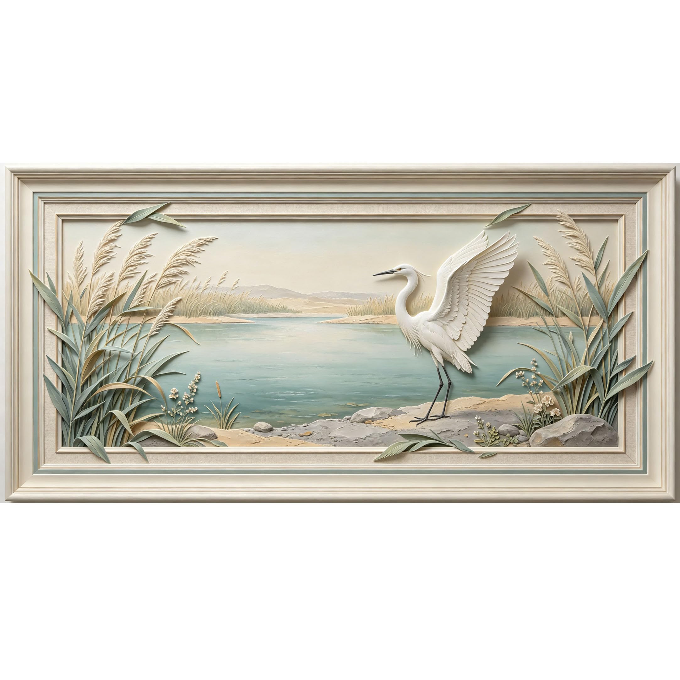 Agglomerix 3D Framed Wall Art White Heron Wetland Lake Coastal Botanical Relief Effect Large Size SelfAdhesive Removable Wall Decor Prints Artwork for Living Room Bedroom Office