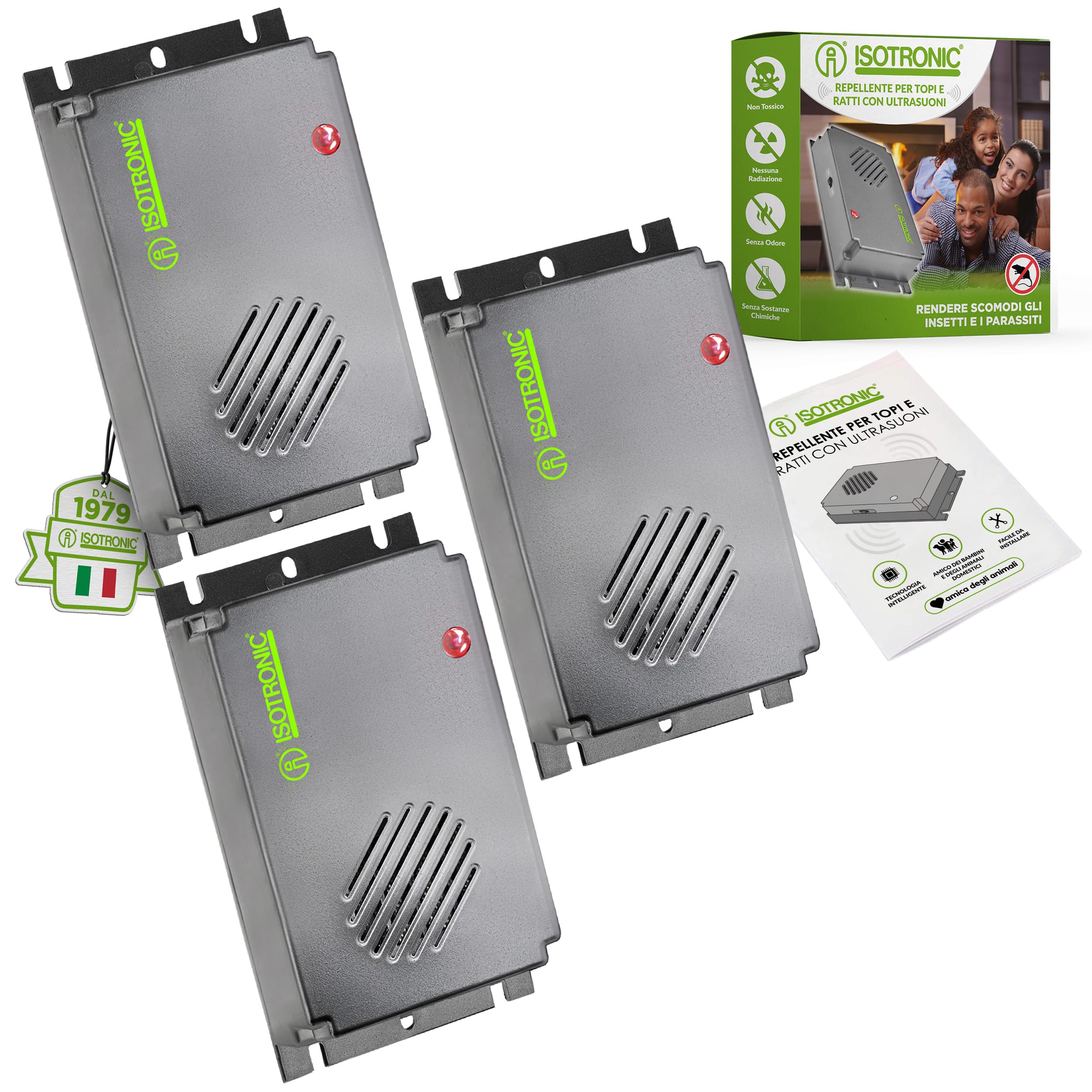 ISOTRONIC repellente topi ultrasuoni ratti disinfestante interni luce orientamento inclusa deterrente senza veleno trappola portata 30m² 3 unità efficace casa soffitta garage protezione difesa stop