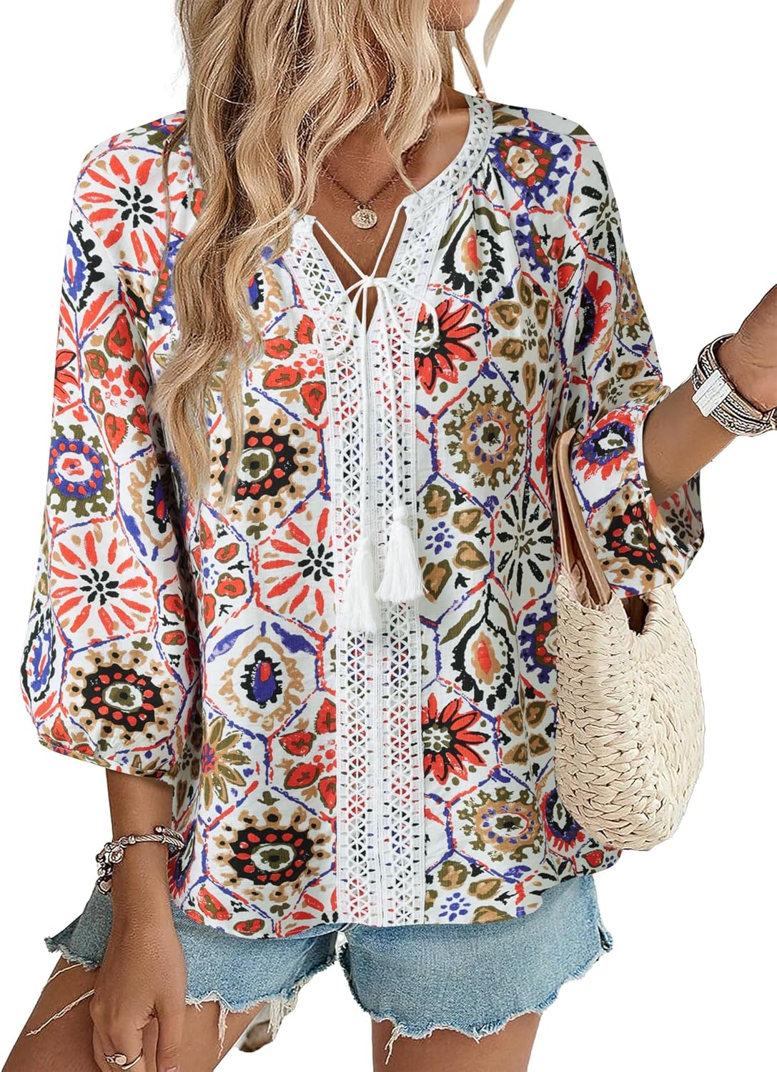 Gaharu Women's 3/4 Sleeve Boho Tops Casual V Neck Floral Print Loose Fit Blouses Tunic