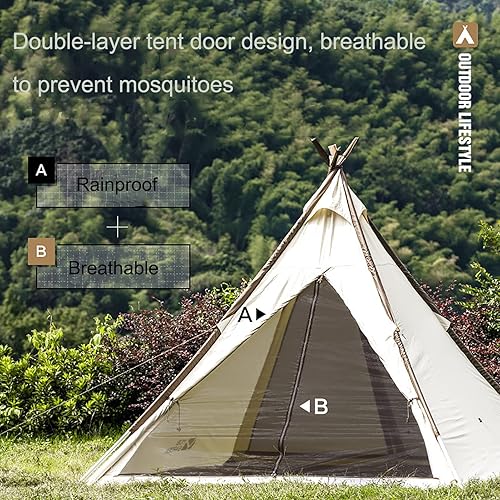 Miniatura 2 de Tienda de campaña de lona de algodón tipi pirámide india para 3 ~ 4 personas, tienda de campaña estilo yurta para acampar en todas las 4 estaciones,