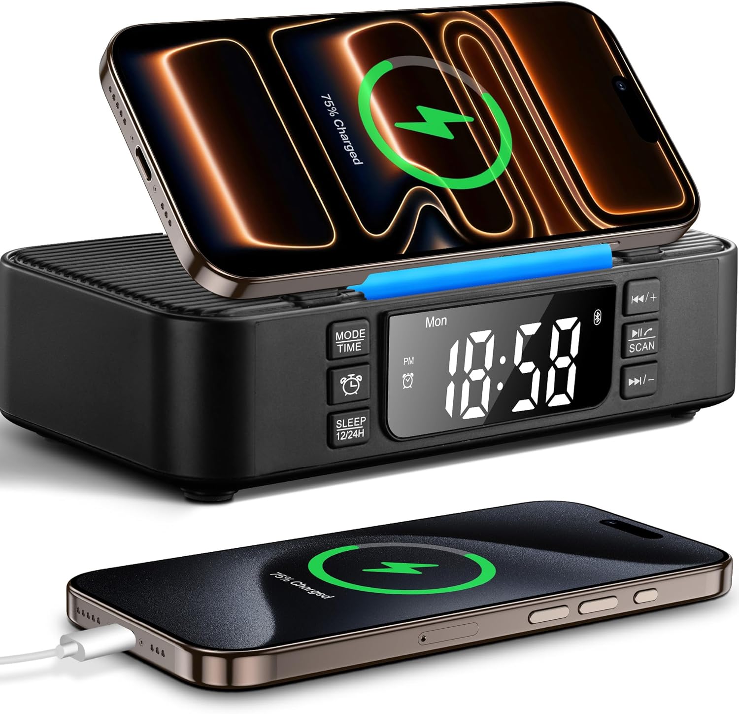 9-in-1 Wireless Charging Station with Bluetooth Speaker, Alarm Clock, FM Radio, Night Light – Compatible iPhone 17/16/15/SamsungS25/S24/Android, USB/Type-C/AUX, Phone Holder, DP-013C Black