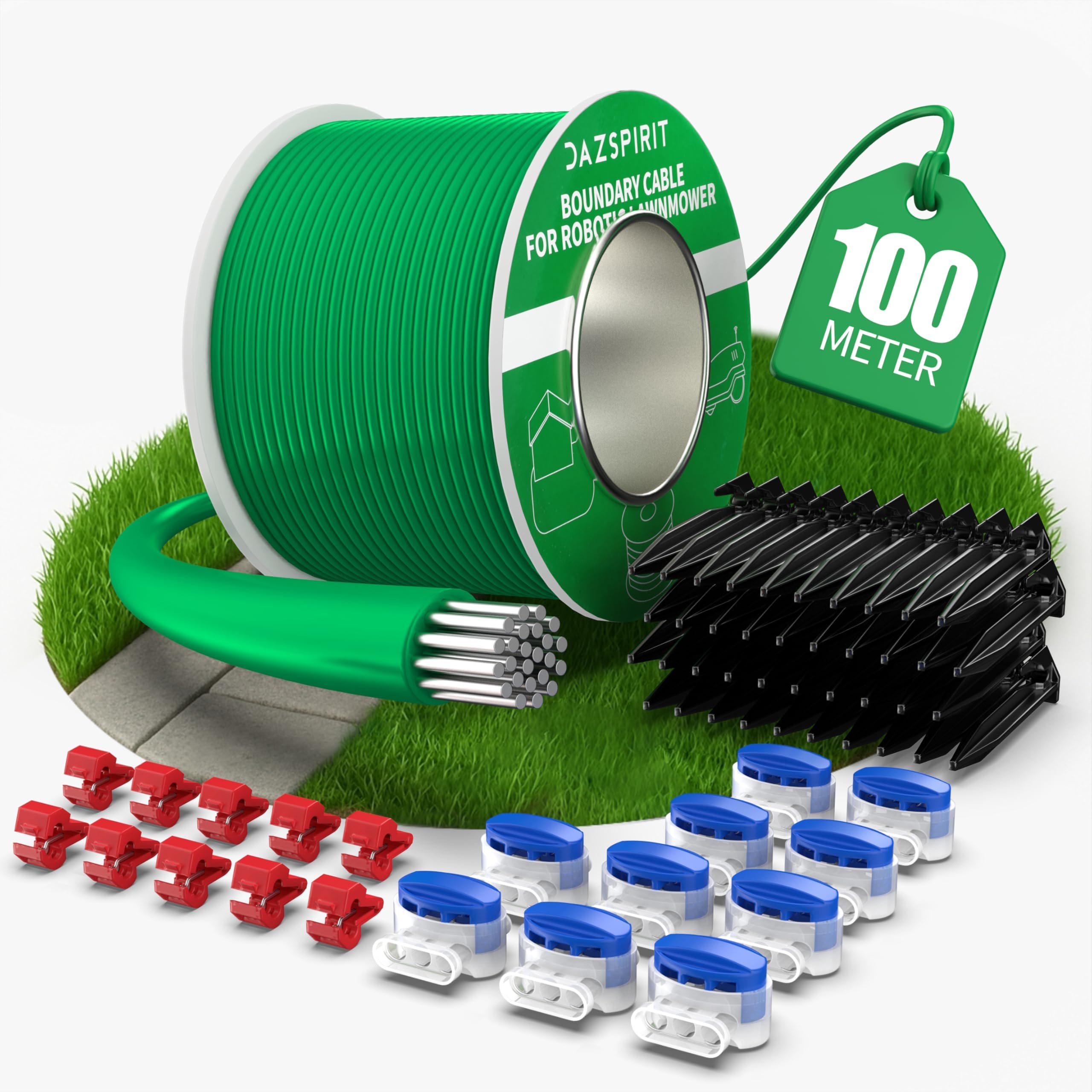 DazSpirit 100 m Boundary Cable + 50 Pegs + 10 Cable Connectors + 10 Connection Terminals for Robot Lawnmower, Garden Wire Accessory Set, Compatible with Gardena Bosch Husqvarna Worx Honda Robomow etc