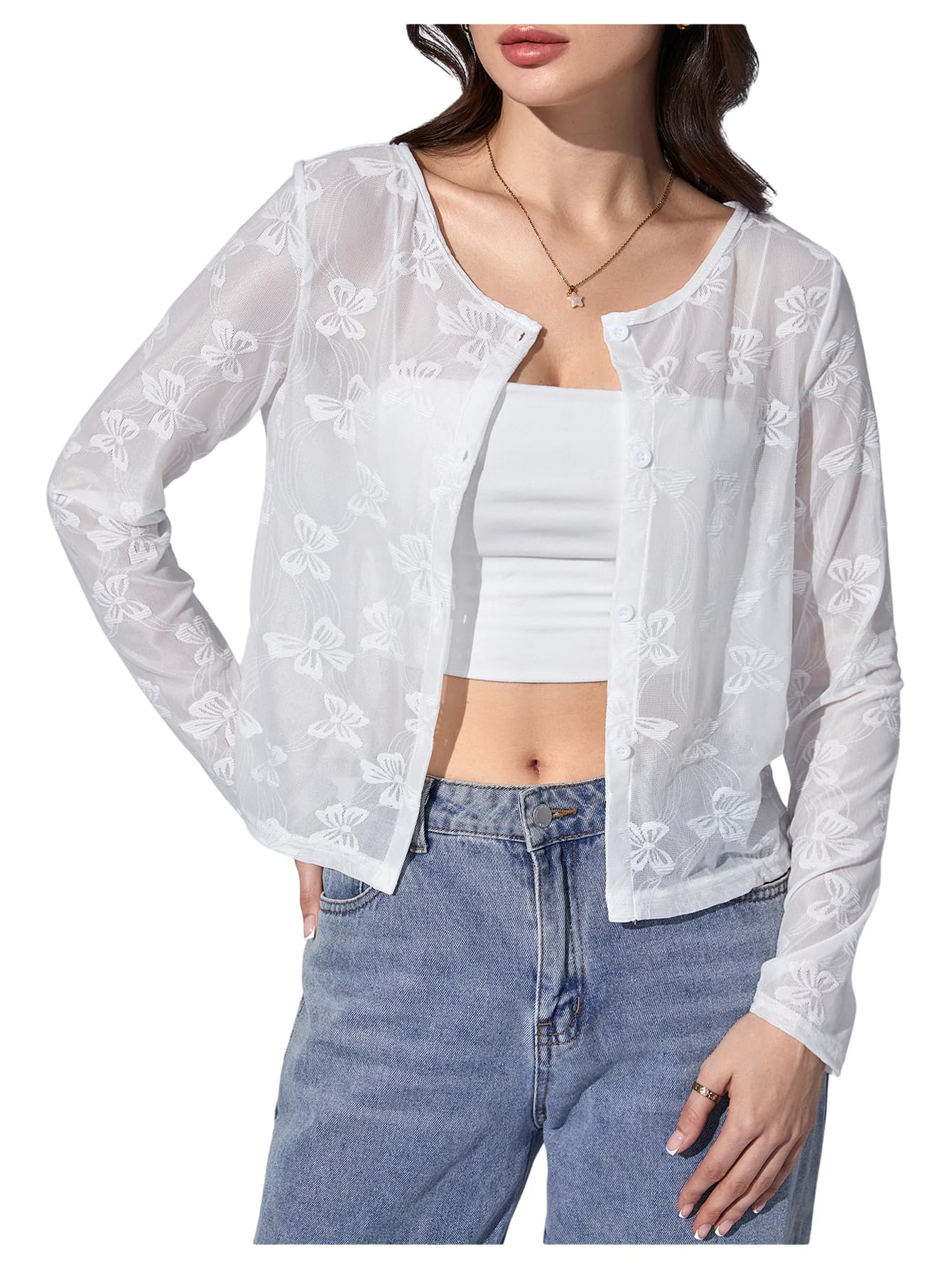 OYOANGLE Womens Sheer Mesh Button Front Cardigan Casual Long Sleeve Lightweight Cardigans