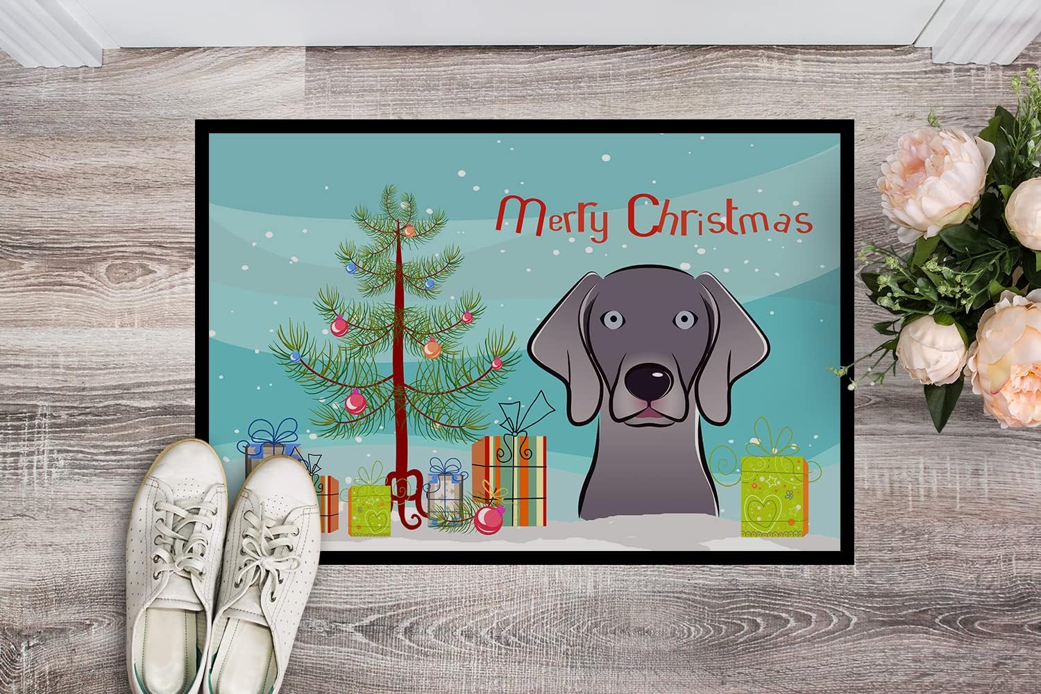 Caroline's Treasures BB1603MAT Christmas Tree and Weimaraner Doormat 18x27 Front Door Mat Indoor Outdoor Rugs for Entryway, Non Slip Washable Low Pile, 18H X 27W