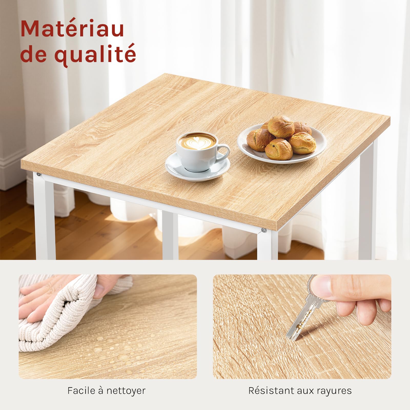 WOLTU Petit Table de Bar 60x100x60 cm, Table Haute en Métal et Bois, Mange Debout pour Cuisine, Salon, Blanc/Chêne Clair