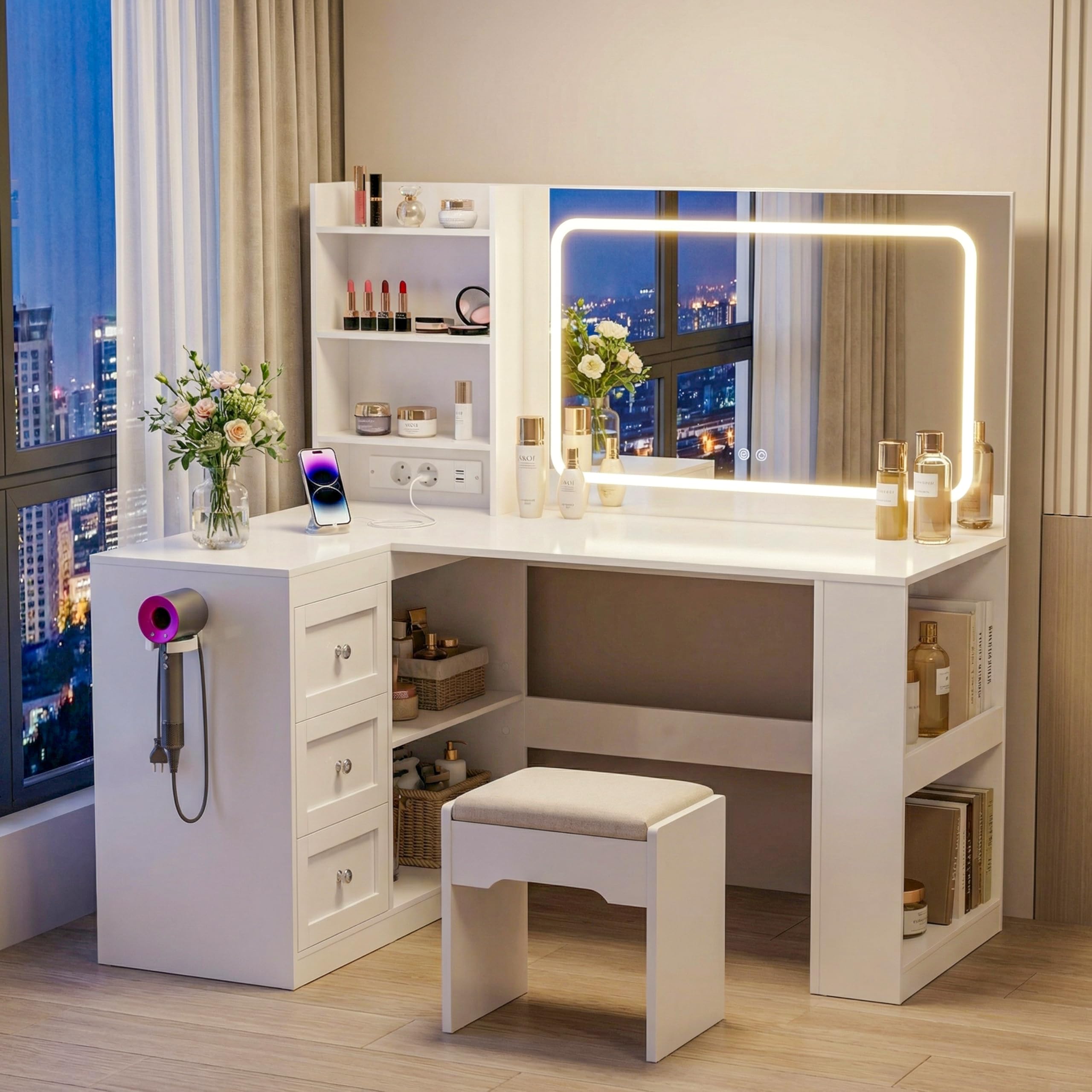 YOUDENOVA Schminktisch mit LED-Beleuchtung, Großer Spiegel und Steckdosen, Schminktische mit 3 Schubladen und 3 Ablageflächen, 4 Unterbaufächer, L-Förmiger Eckschminktisch, 120x80x136cm, Weiß