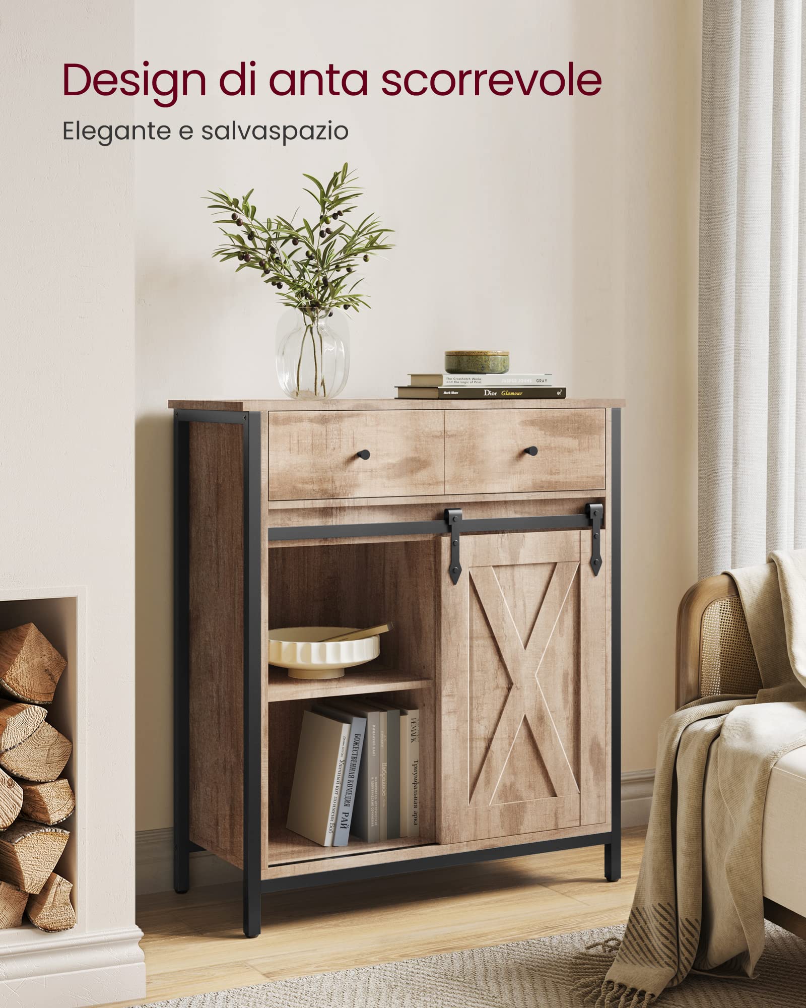 VASAGLE Credenza, Mobile da Cucina, Portaoggetti, con Anta Scorrevole, 30 x 70 x 80 cm, Ripiano Regolabile, Stile Country, per Soggiorno, Marrone Rovere e Nero LSC100B50