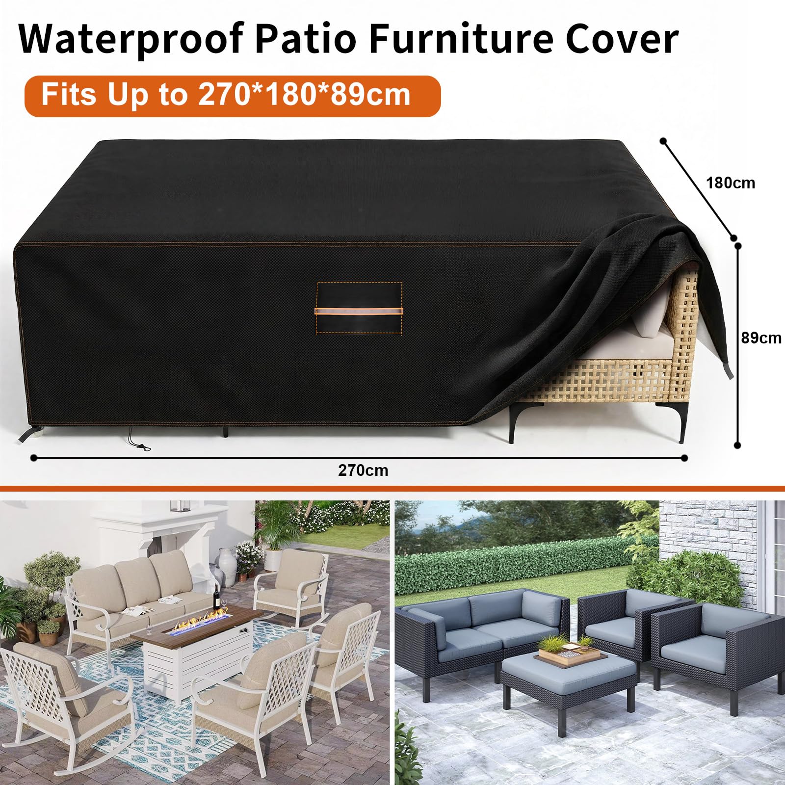 Copertura Tavolo Esterno Impermeabile, 420D Panno Oxford Copertura per Mobili da Giardino 270x180x89cm, Telo Copri Tavolo da Patio con Prese d'Aria Antivento, Anti-UV, Resistente Allo Strappo
