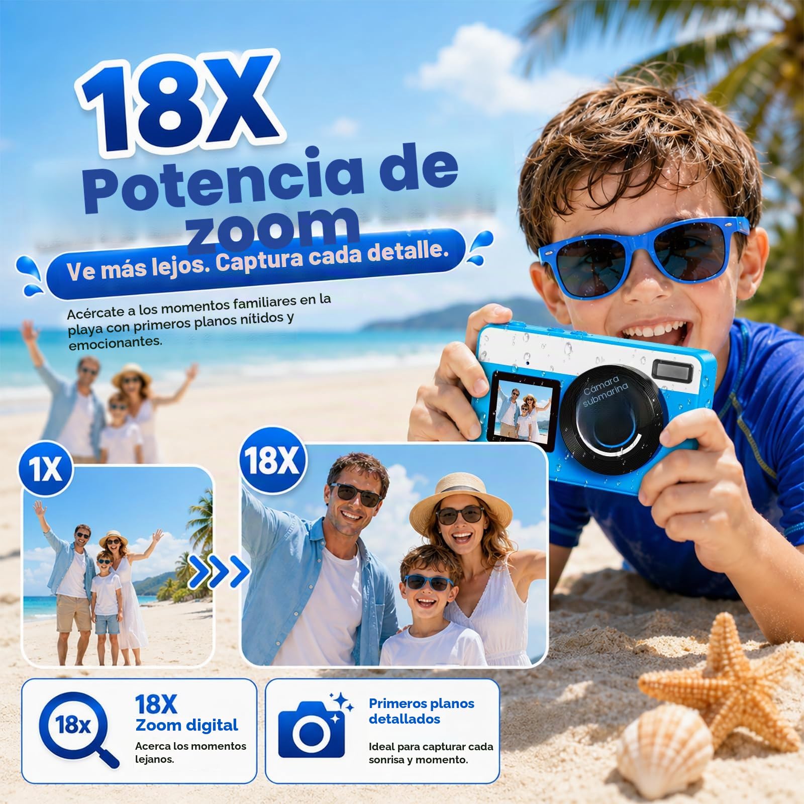 Maxmango D70 Cámara Acuática 4K 48MP, Cámara Impermeable 10FT para Piscina y Playa, Doble Pantalla Autofocus Zoom 18X, Cámara Flotante Regalo para Adolescentes y Principiantes con Tarjeta 16GB, Azul