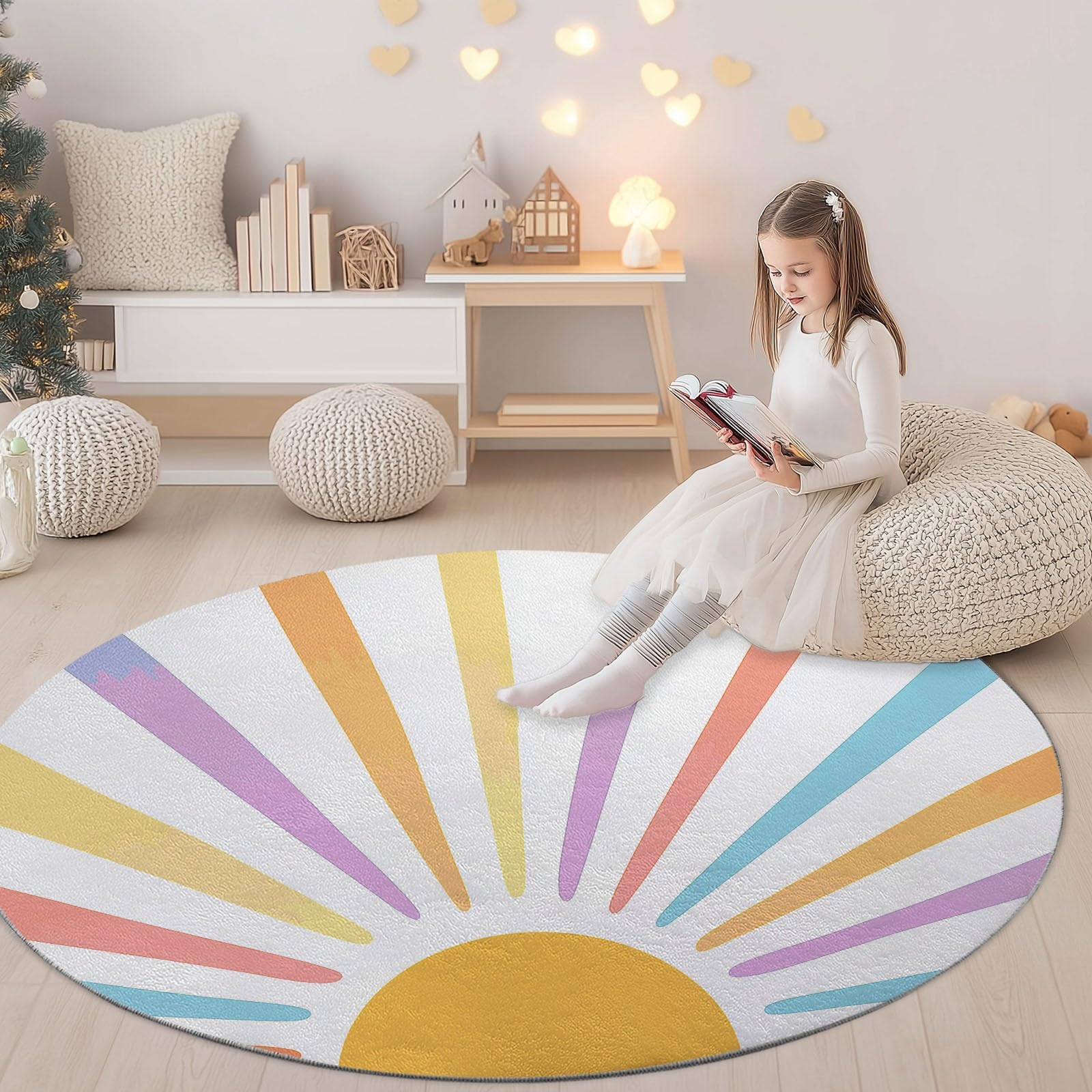Generisch Mehrfarbig Teppich Rund Waschbare rutschfest Teppiche, Boho Stil Sonnenstrahlen Bedruckter Kurzflor Teppich - Langlebig und Pflegeleicht Ø 160 cm für Wohnzimmer Schlafzimmer Kinderzimmer
