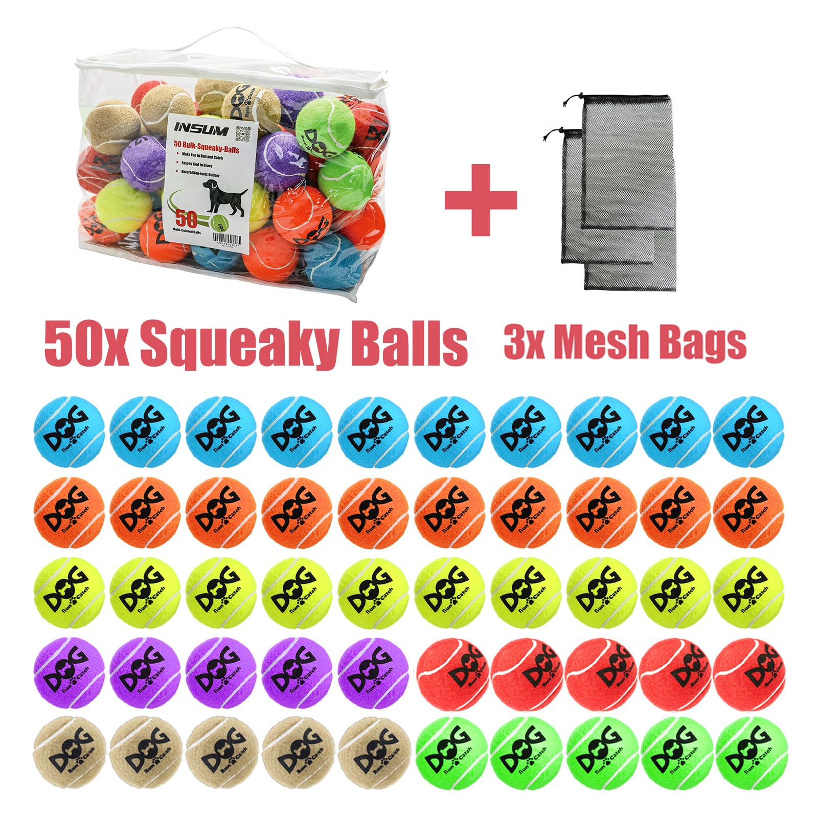 INSUM Quietschende Tennisbälle für Hunde, 6,3 cm, langlebig, ungiftig, Outdoor-Hundespielzeug, Bälle mit Netztasche, SGS-zertifiziert, buntes Apportierspielzeug, mittelgroße und große Rassen, 50 Stück