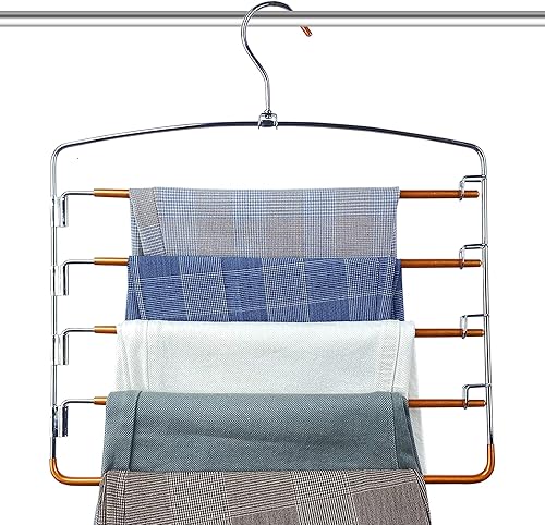 FeeraHozer Perchas antideslizantes para pantalones, paquete de 3 perchas que ahorran espacio, brazo oscilante multicapa, acero inoxidable, ahorrador