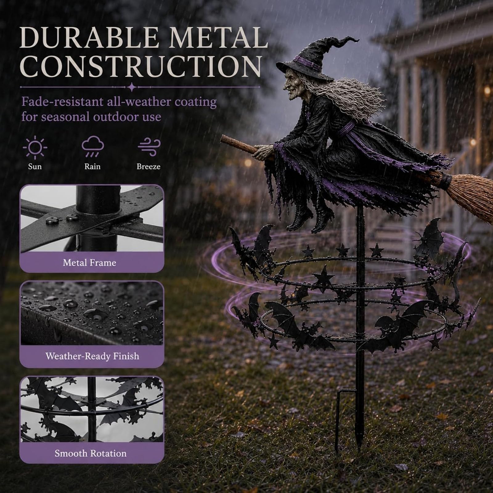 Zaczarowany magiczny wiatraczek ogrodowy czarownicy, dekoracje na Halloween | Latająca wiedźma i wiatrak nietoperza, stabilny słupek gruntowy, do ścieżki trawnika na patio(2pcs)