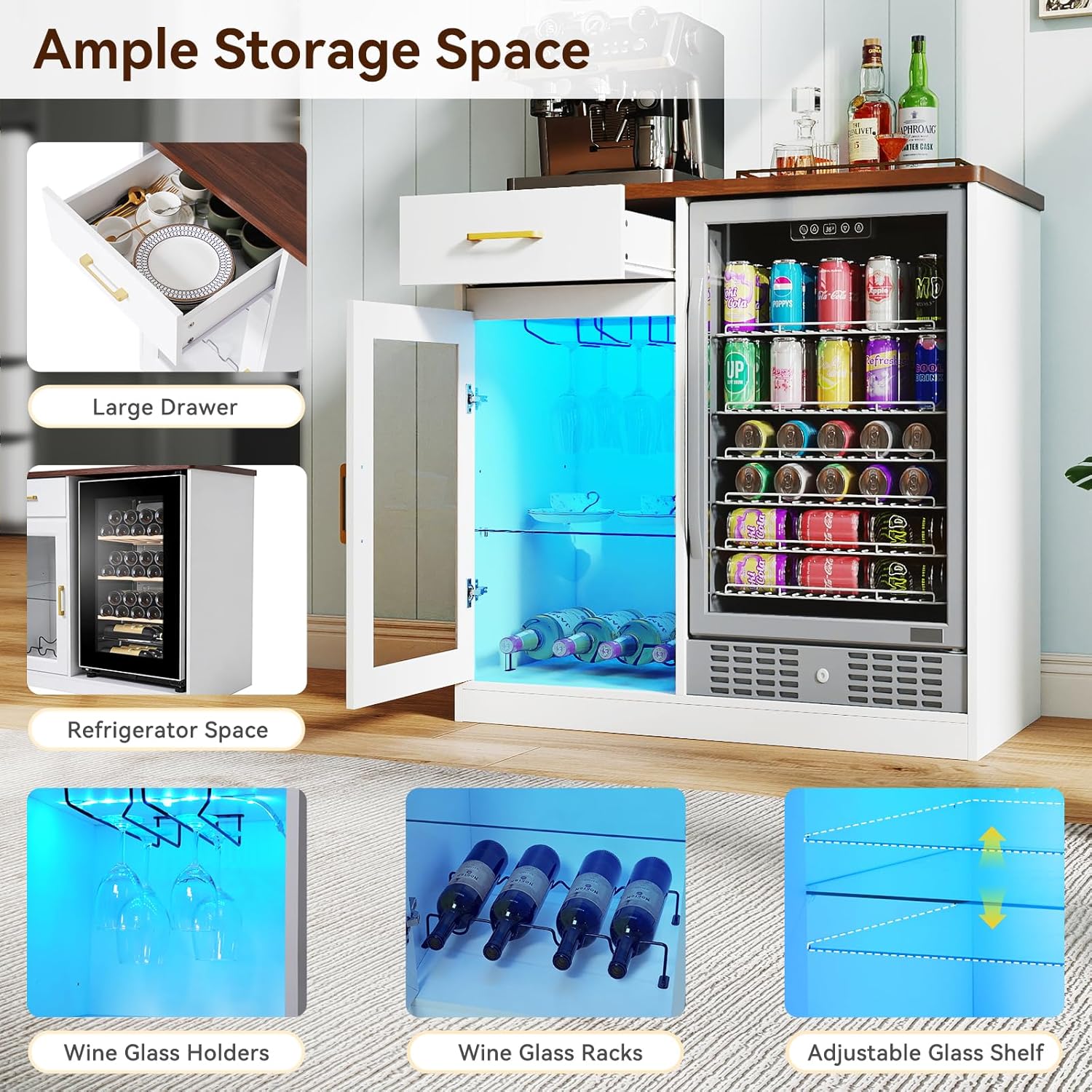Verano Garden Coffee Bar with Mini Fridge Space, Liquor Cabinet with LED Light & Power Outlet, Coffee Bar Cabinet with Glass Holder, Wine Rack & Drawer, Storage Wine Cabinet for Home, Pub (White)