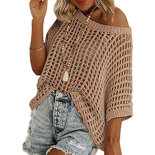 Zeagoo Short Sleeve Crochet Sweater Lightweight Summer Tops Loose Hollow Out Crewneck Pullover