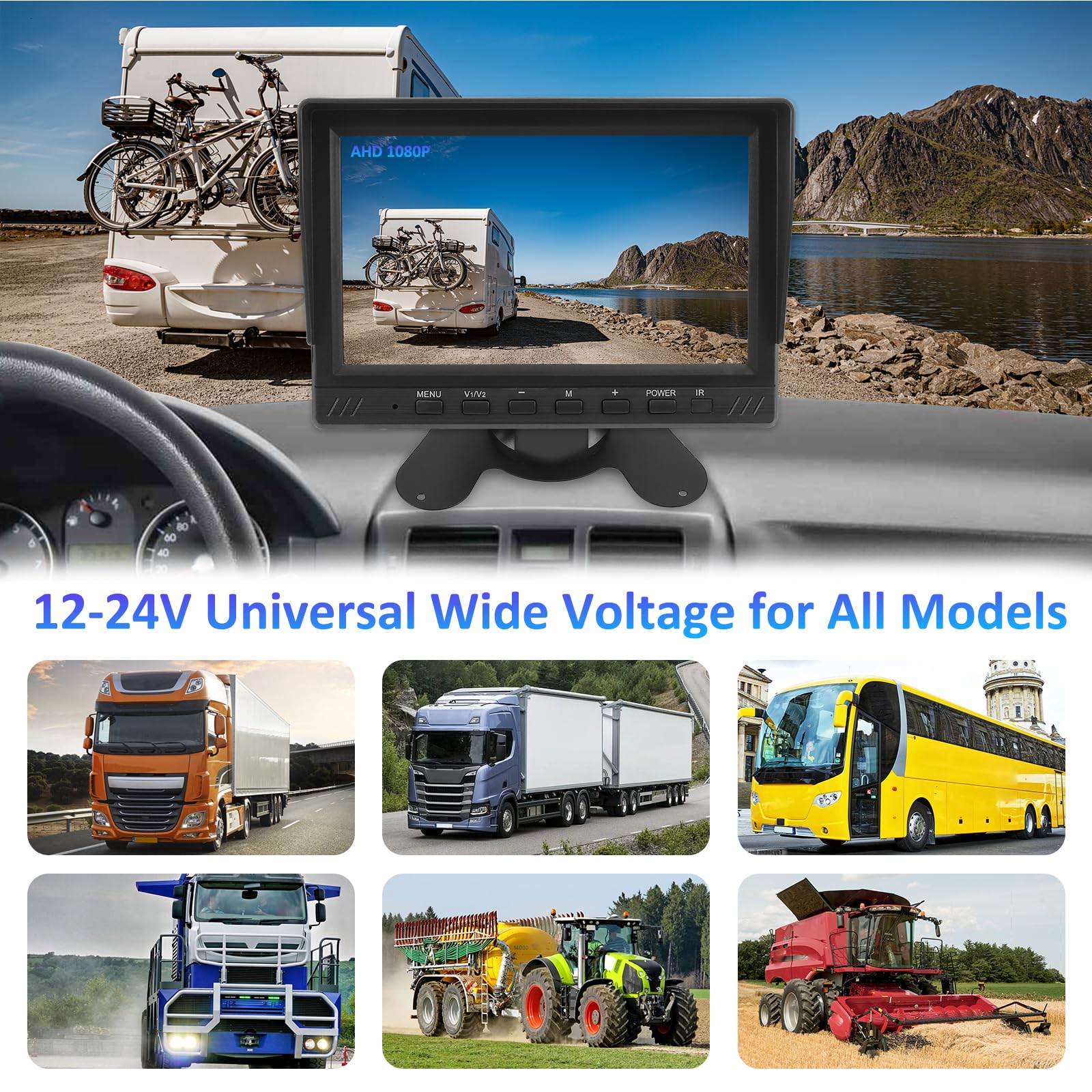 KAOLALI Telecamera di Retromarcia con Monitor da 7 Pollici, Kit Retrocamera Auto con 2 Telecamere per Auto, Supporto AHD 1080 HD Visione Notturna per Caravan/Camion ecc(12V-24V)