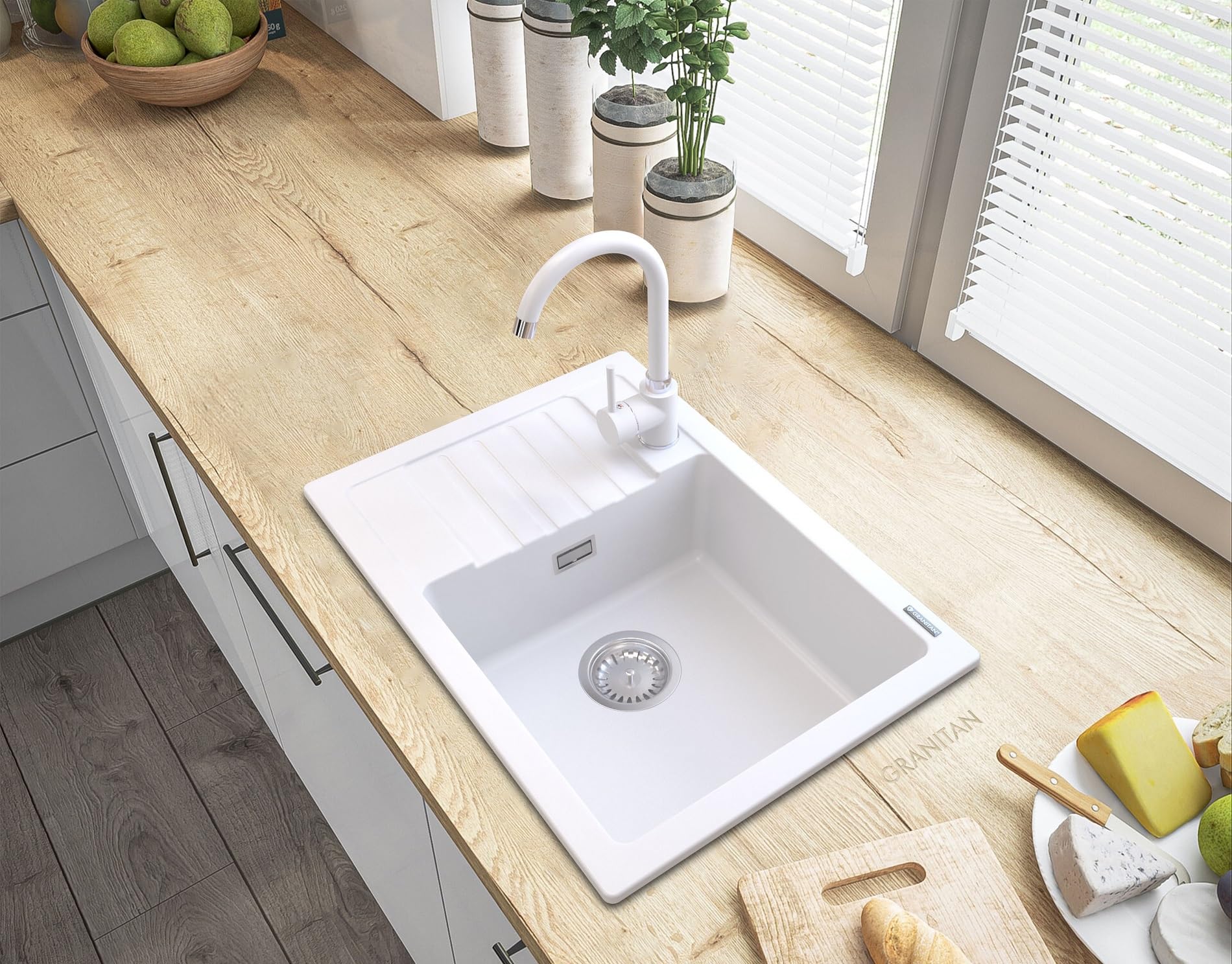 Granitan - Zlewozmywak granitowy Argos + armatura BETA - biały - 1 umywalka z ociekaczem - 62 x 44 cm - z syfonem - powłoka GraniProtect